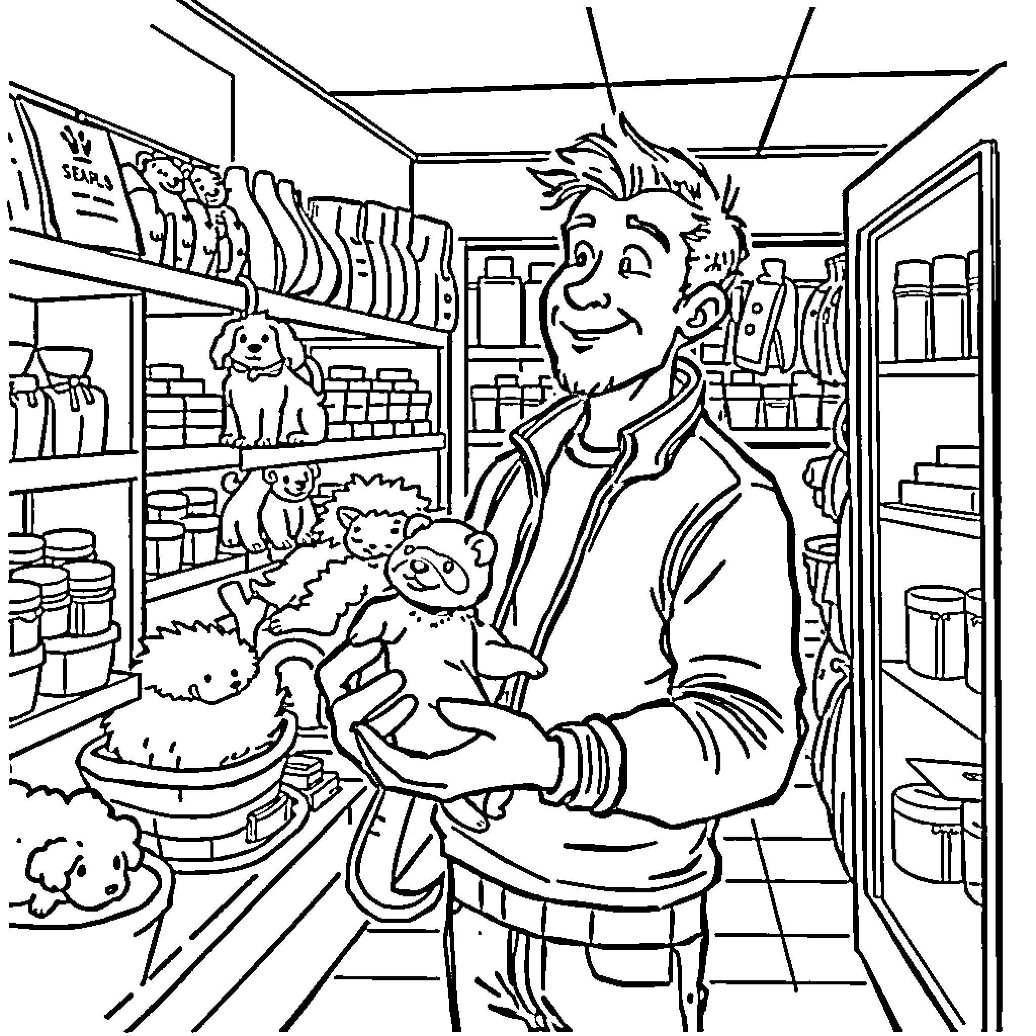Man Helping Fluffy Dog at Grocery Store Coloring Page (free black-and-white line drawing printable PDF for all, from beginners to advanced learners, including children, teens, adults, and seniors)