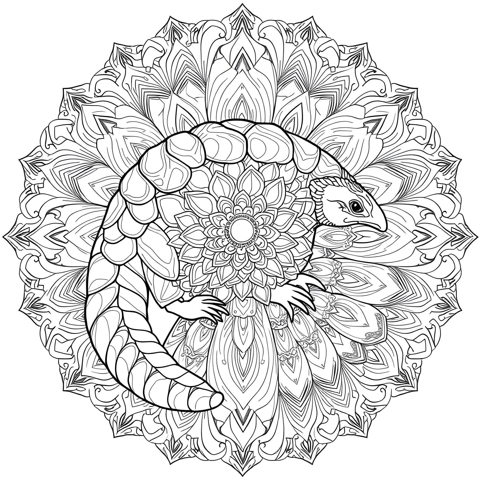 Pangolin in intricate floral mandala pattern Coloring Page (free black-and-white line drawing printable PDF for all, from beginners to advanced learners, including children, teens, adults, and seniors)