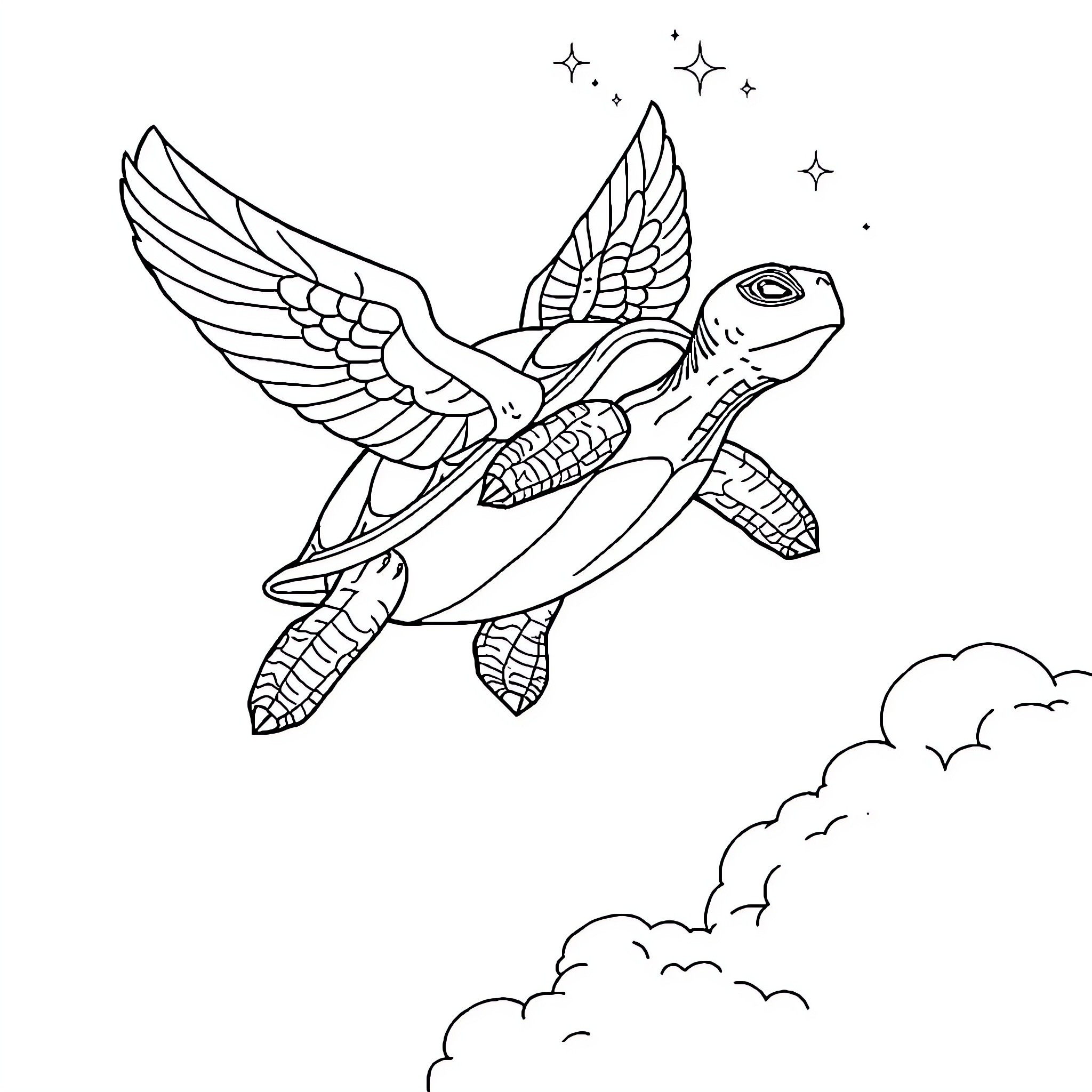 Turtle soaring through the starry sky Coloring Page (free black-and-white line drawing printable PDF for all, from beginners to advanced learners, including children, teens, adults, and seniors)
