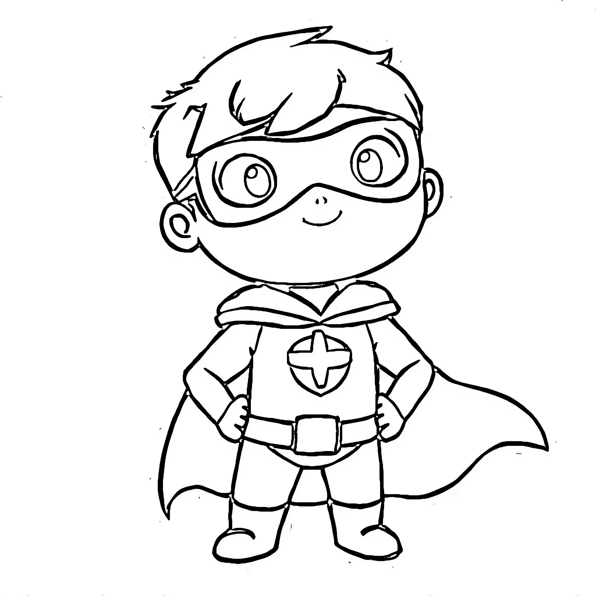 Superhero kid in costume posing confidently Coloring Page (free black-and-white line drawing printable PDF for all, from beginners to advanced learners, including children, teens, adults, and seniors)