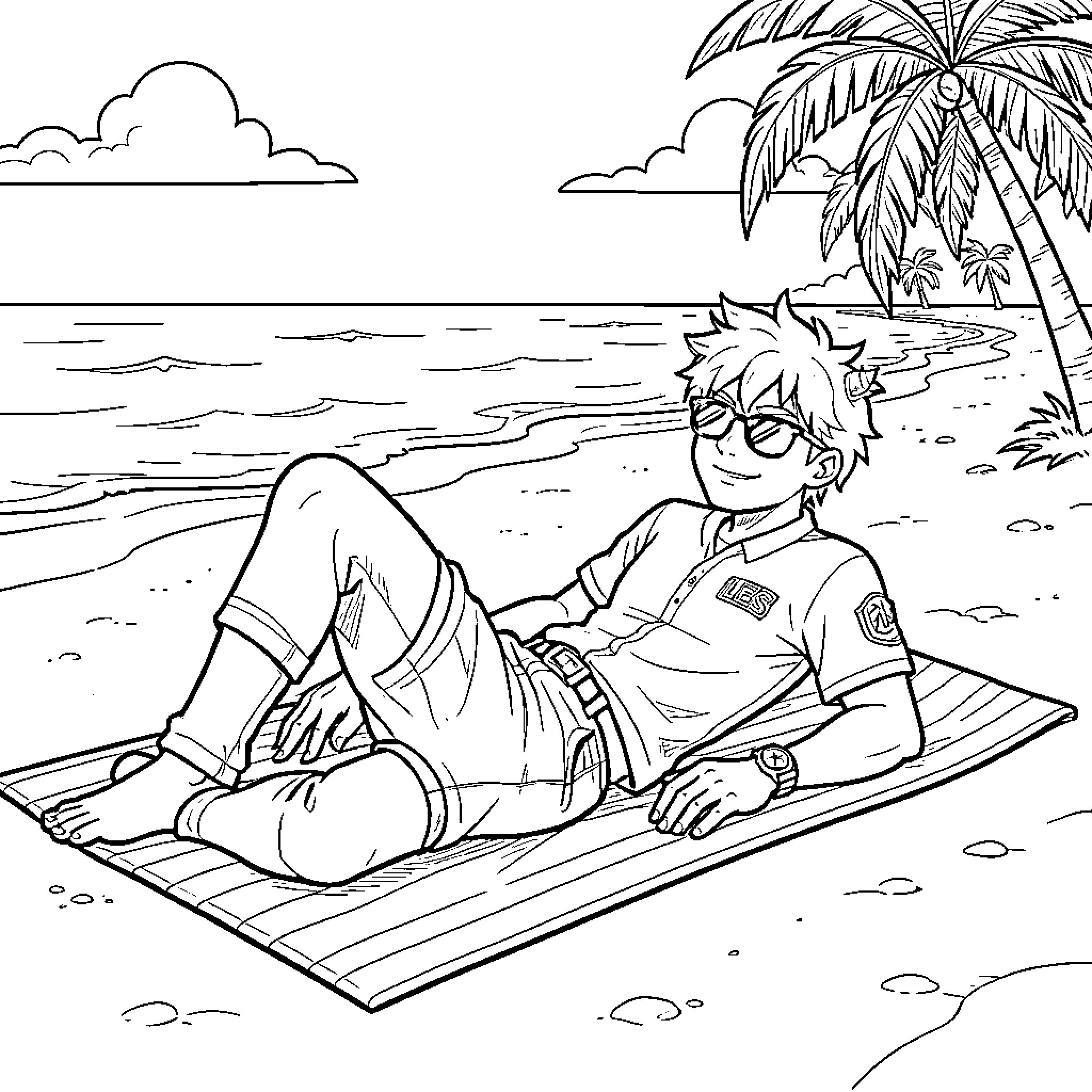K-POP Demon Hunter relaxing on a beach towel Coloring Page (free black-and-white line drawing printable PDF for all, from beginners to advanced learners, including children, teens, adults, and seniors)