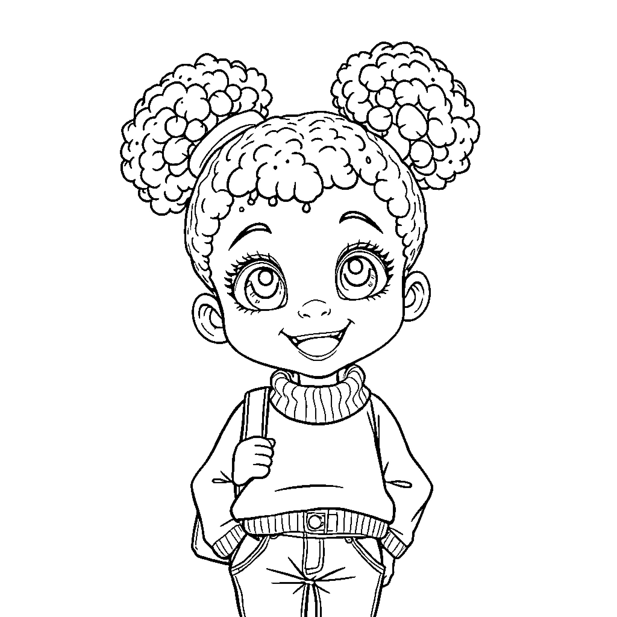 Girl with Curly Hair and Expressive Face Coloring Page (free black-and-white line drawing printable PDF for all, from beginners to advanced learners, including children, teens, adults, and seniors)