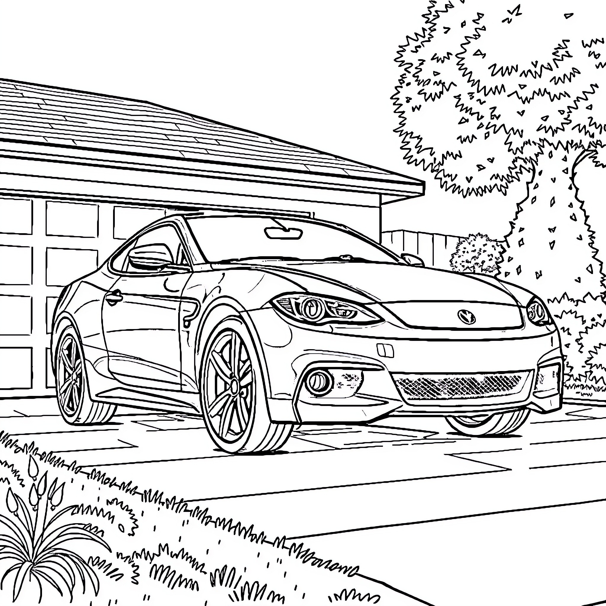 Car parked in front of a house with trees Coloring Page (free black-and-white line drawing printable PDF for all, from beginners to advanced learners, including children, teens, adults, and seniors)