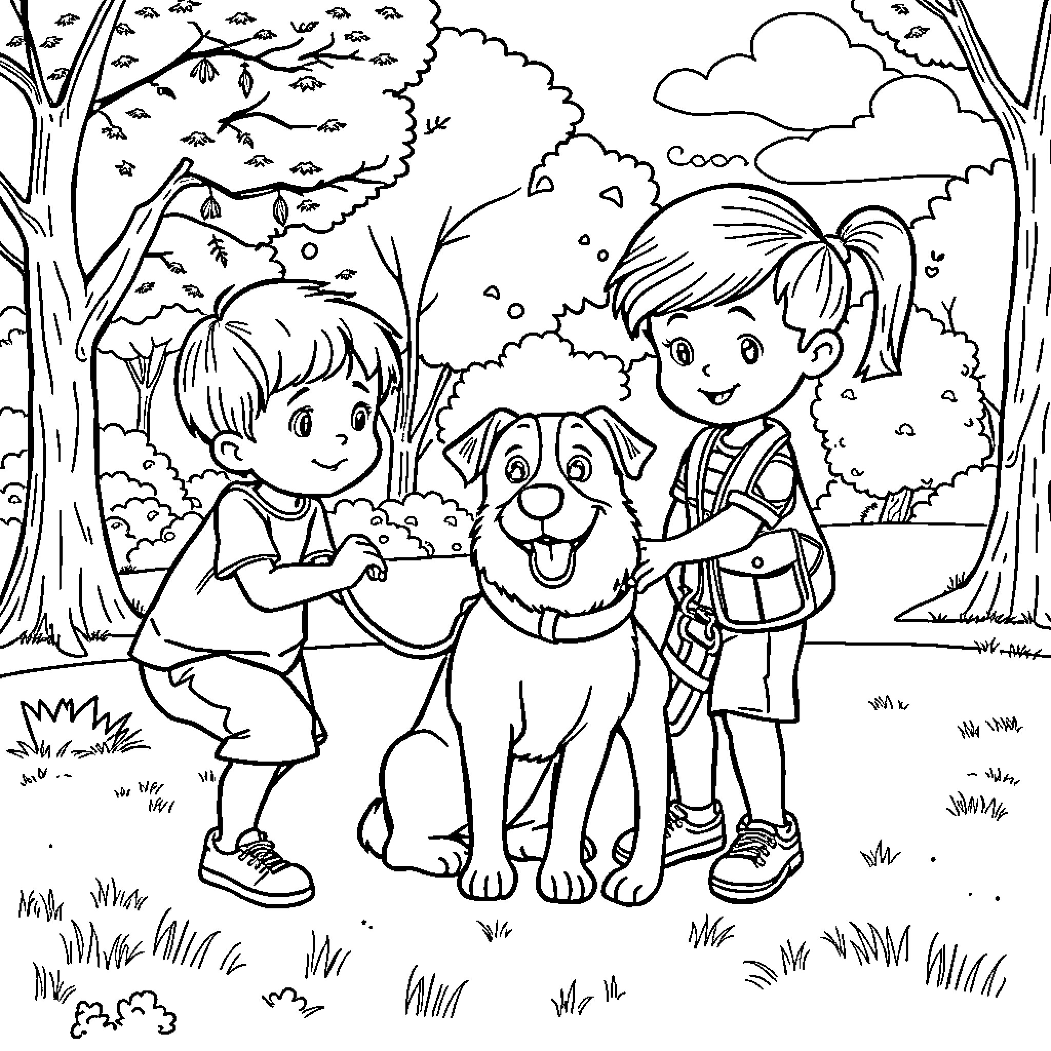 Child friends playing in the park with dog Coloring Page (free black-and-white line drawing printable PDF for all, from beginners to advanced learners, including children, teens, adults, and seniors)