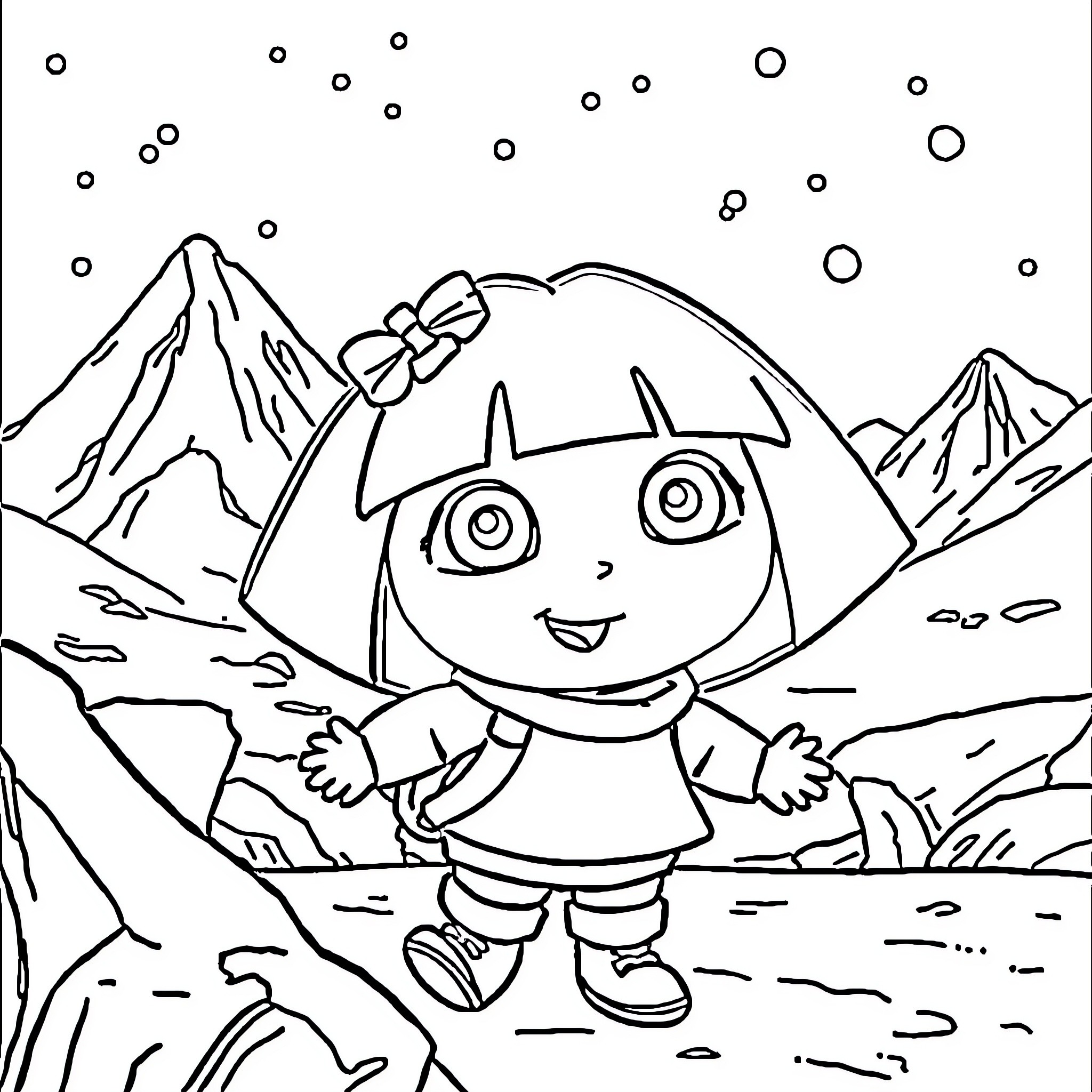 Dora exploring the mountains with a smile Coloring Page (free black-and-white line drawing printable PDF for all, from beginners to advanced learners, including children, teens, adults, and seniors)