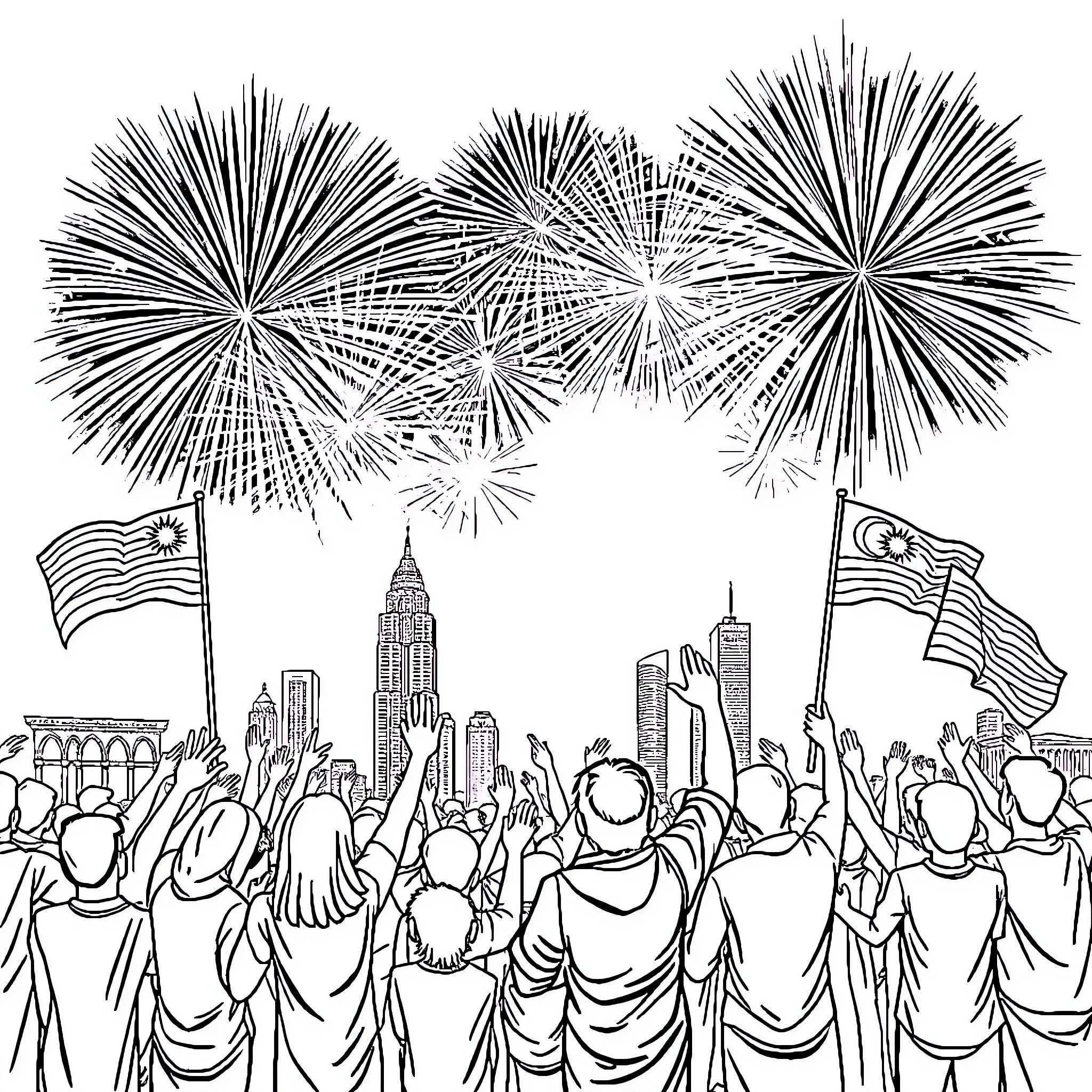 Malaysia celebrating with fireworks over the city skyline Coloring Page (free black-and-white line drawing printable PDF for all, from beginners to advanced learners, including children, teens, adults, and seniors)
