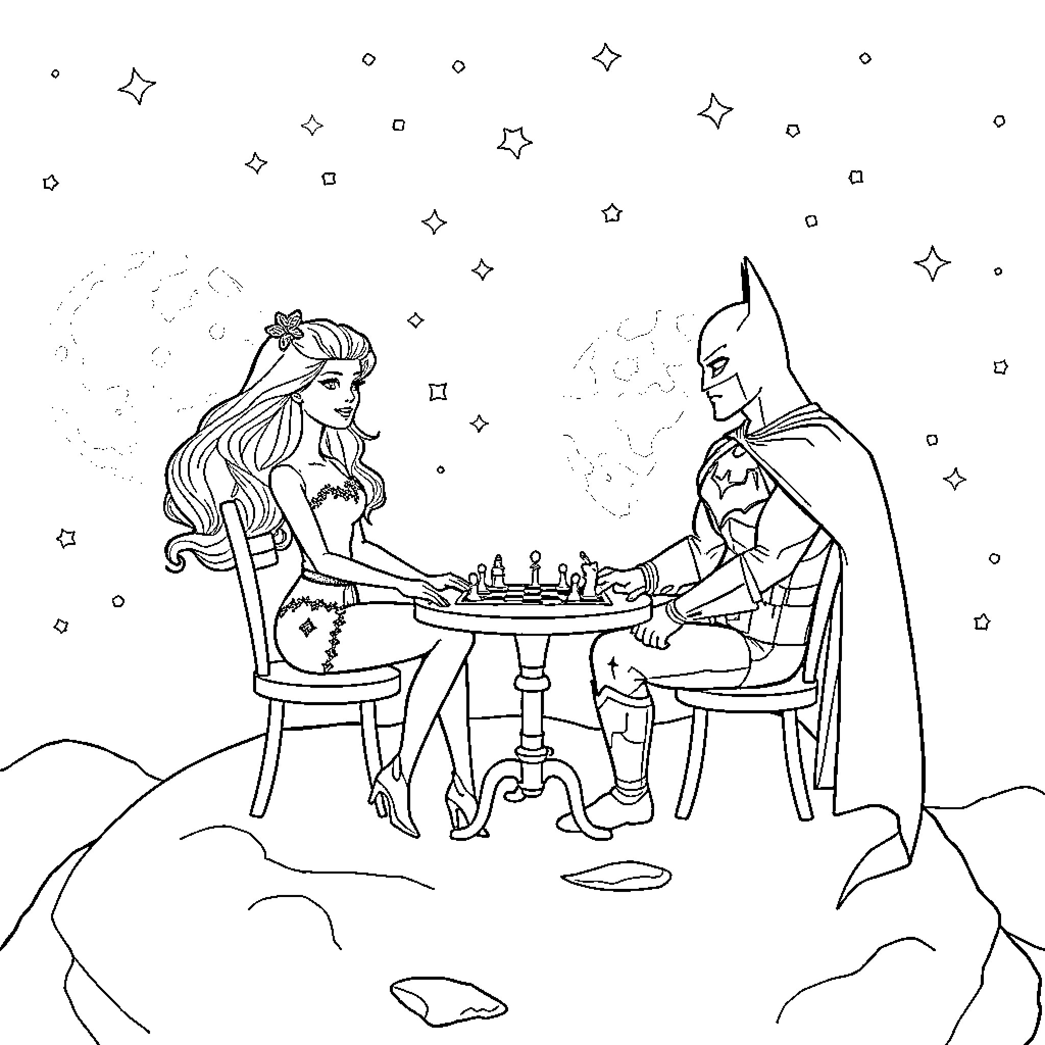 Barbie and Batman playing chess under the night sky Coloring Page (free black-and-white line drawing printable PDF for all, from beginners to advanced learners, including children, teens, adults, and seniors)