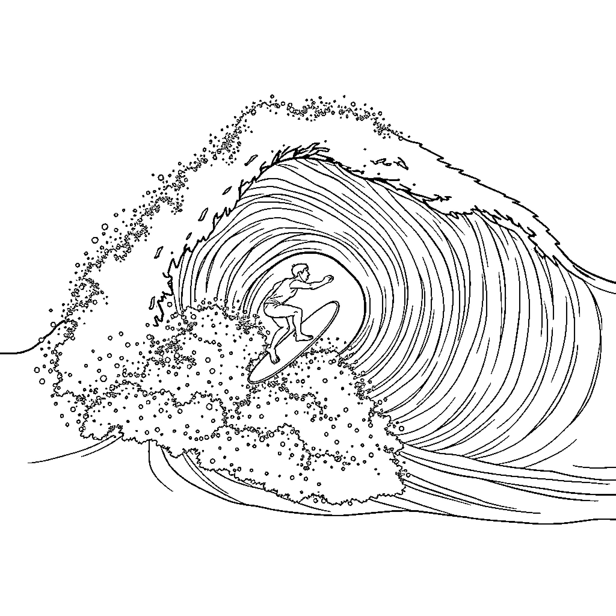 Bodyboarder riding massive ocean wave Coloring Page (free black-and-white line drawing printable PDF for all, from beginners to advanced learners, including children, teens, adults, and seniors)