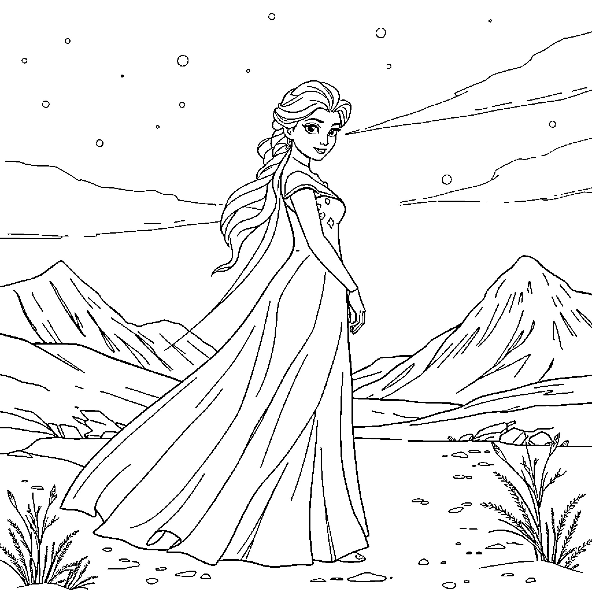 Elsa standing gracefully in a mountain landscape Coloring Page (free black-and-white line drawing printable PDF for all, from beginners to advanced learners, including children, teens, adults, and seniors)