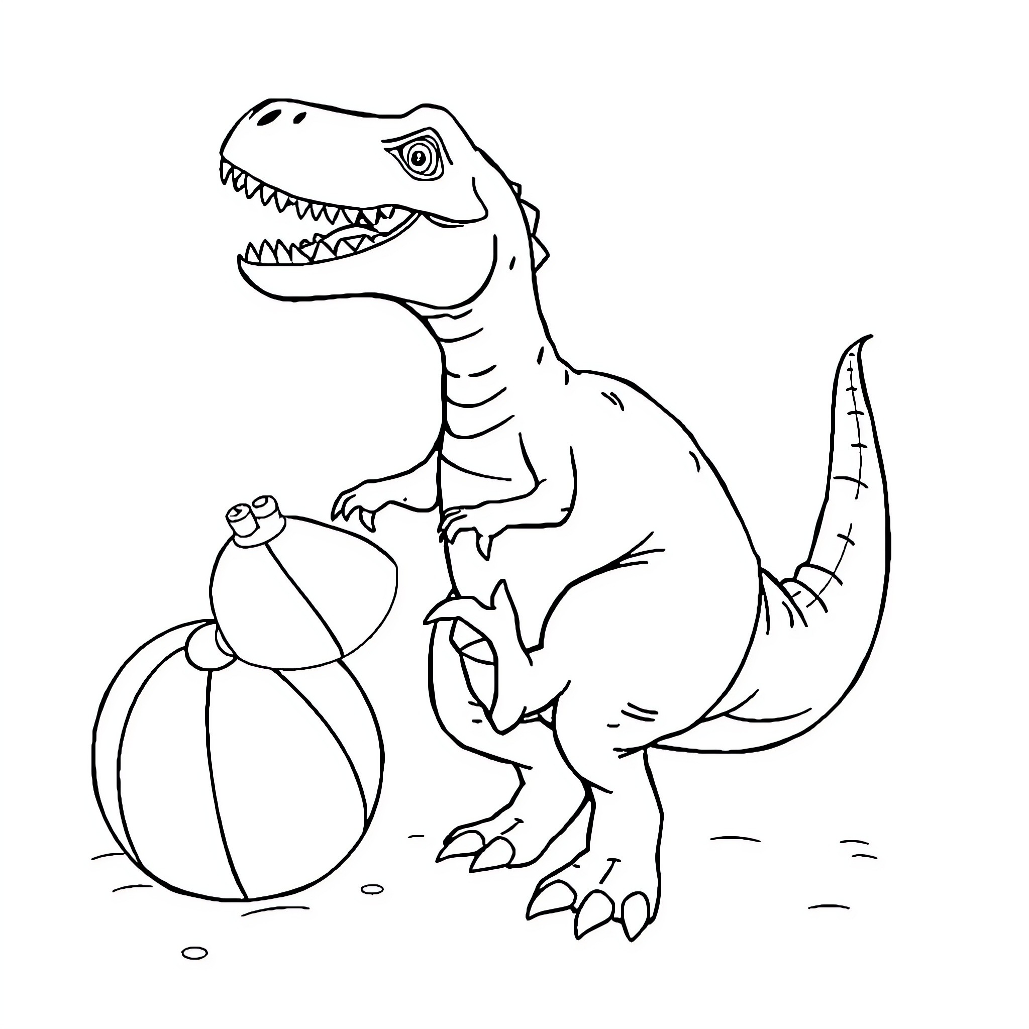 Dinosaur playing with beach ball Coloring Page (free black-and-white line drawing printable PDF for all, from beginners to advanced learners, including children, teens, adults, and seniors)