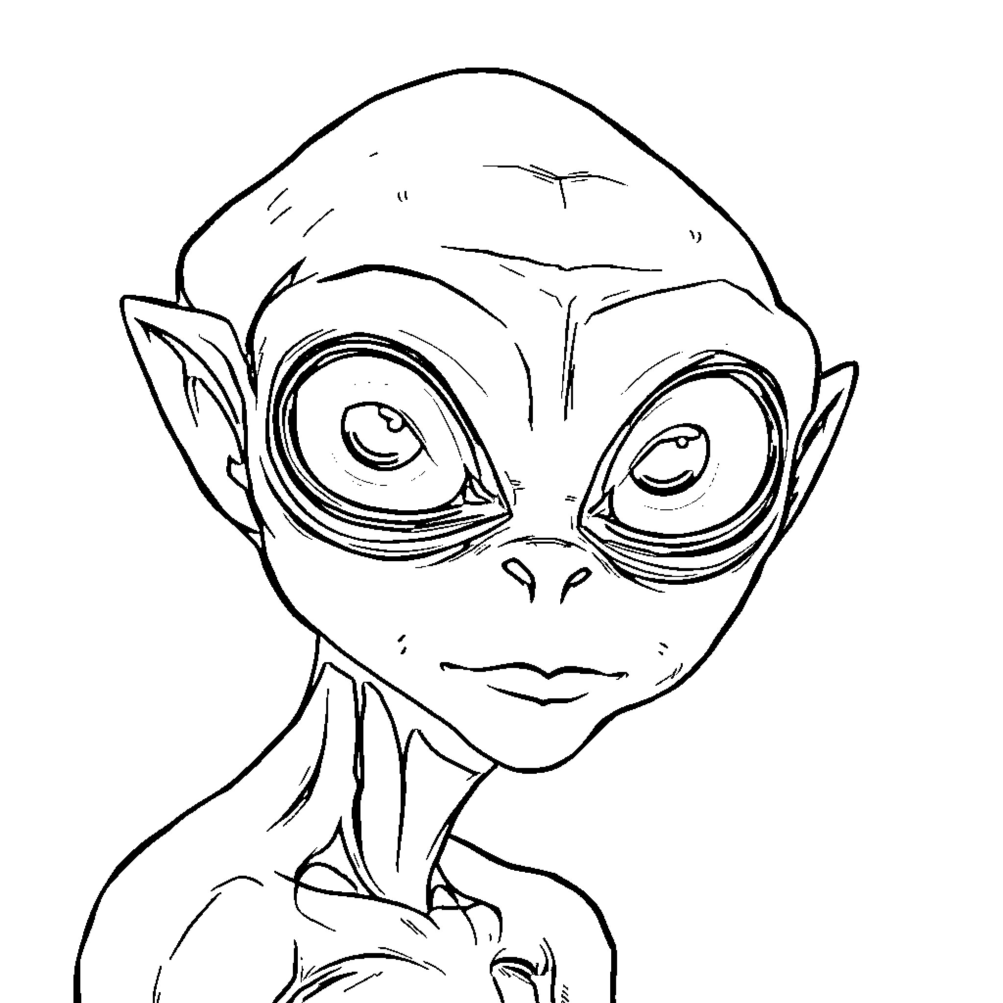 Alien creature with big eyes and curious expression Coloring Page (free black-and-white line drawing printable PDF for all, from beginners to advanced learners, including children, teens, adults, and seniors)