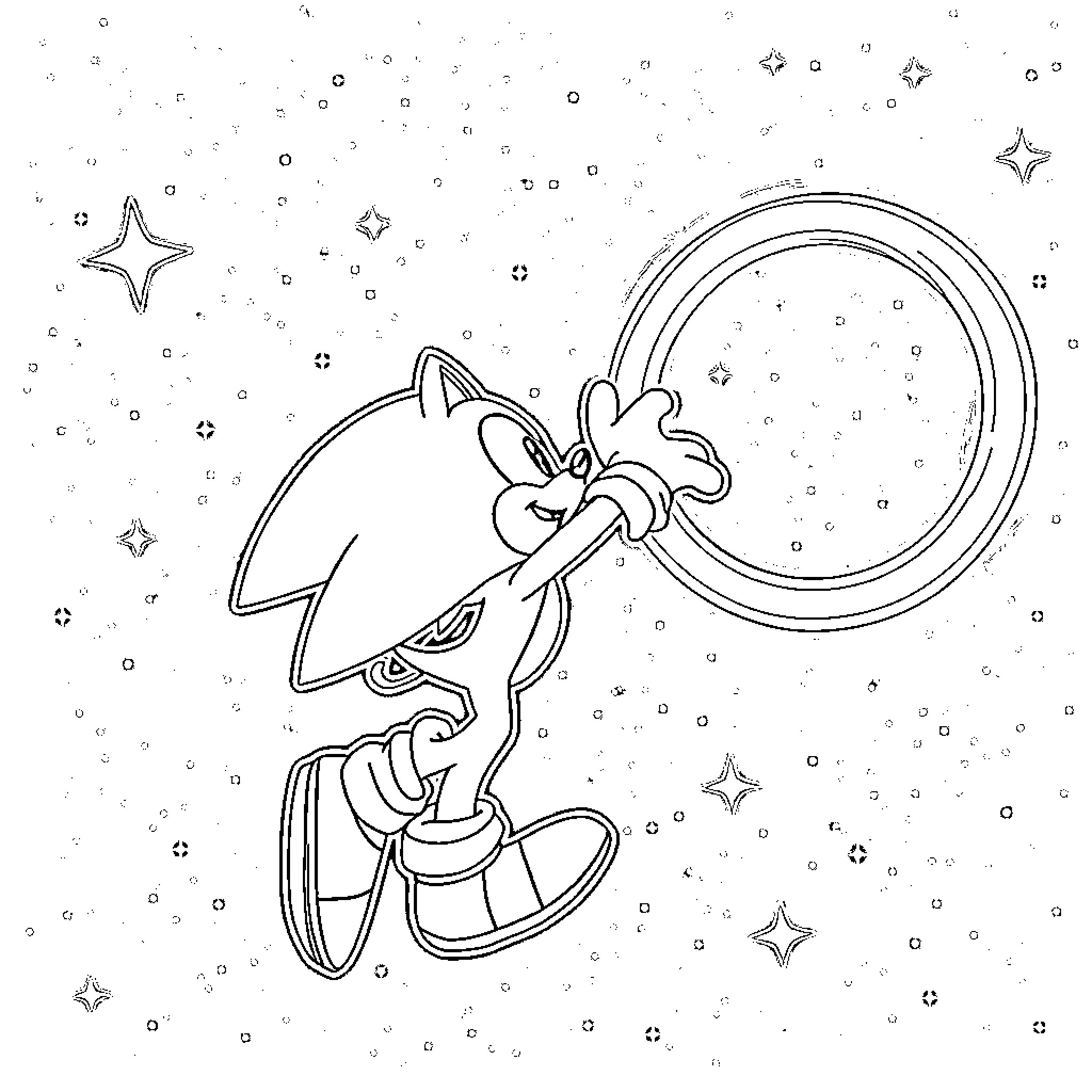 Sonic jumping through a cosmic portal Coloring Page (free black-and-white line drawing printable PDF for all, from beginners to advanced learners, including children, teens, adults, and seniors)