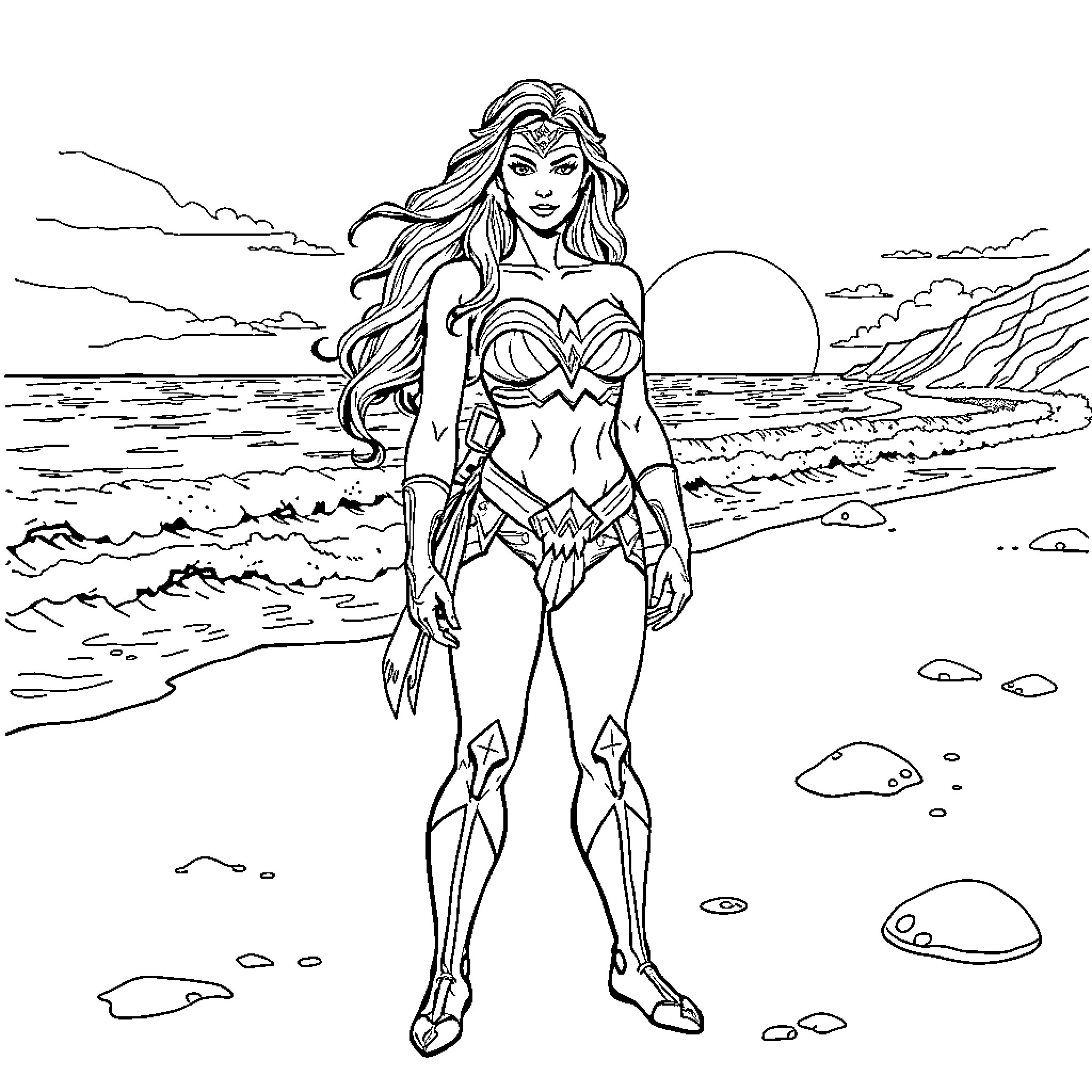 Wonder Woman battles on the beach at sunset Coloring Page (free black-and-white line drawing printable PDF for all, from beginners to advanced learners, including children, teens, adults, and seniors)