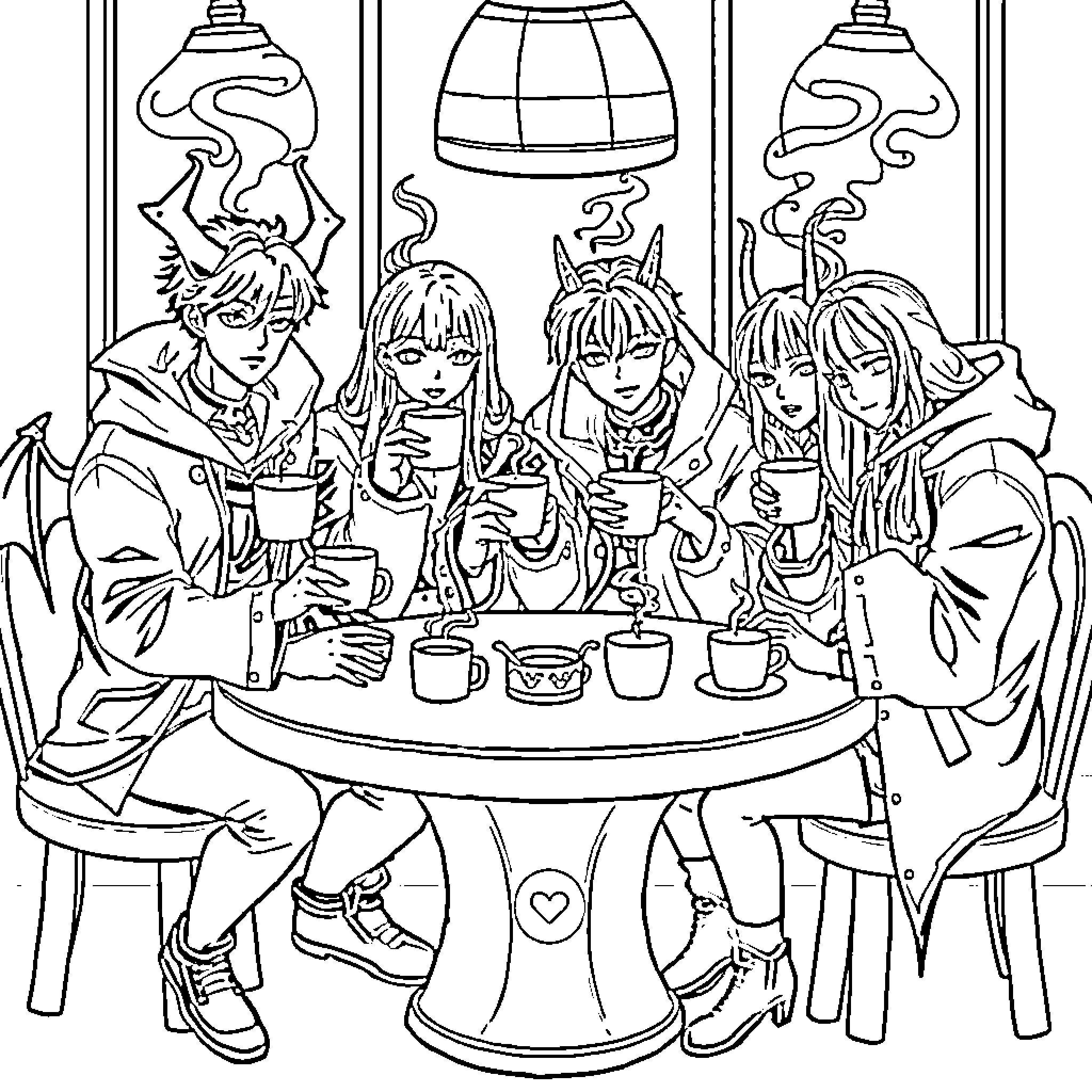Demon Hunter Gathering for Tea and Discussion Coloring Page (free black-and-white line drawing printable PDF for all, from beginners to advanced learners, including children, teens, adults, and seniors)