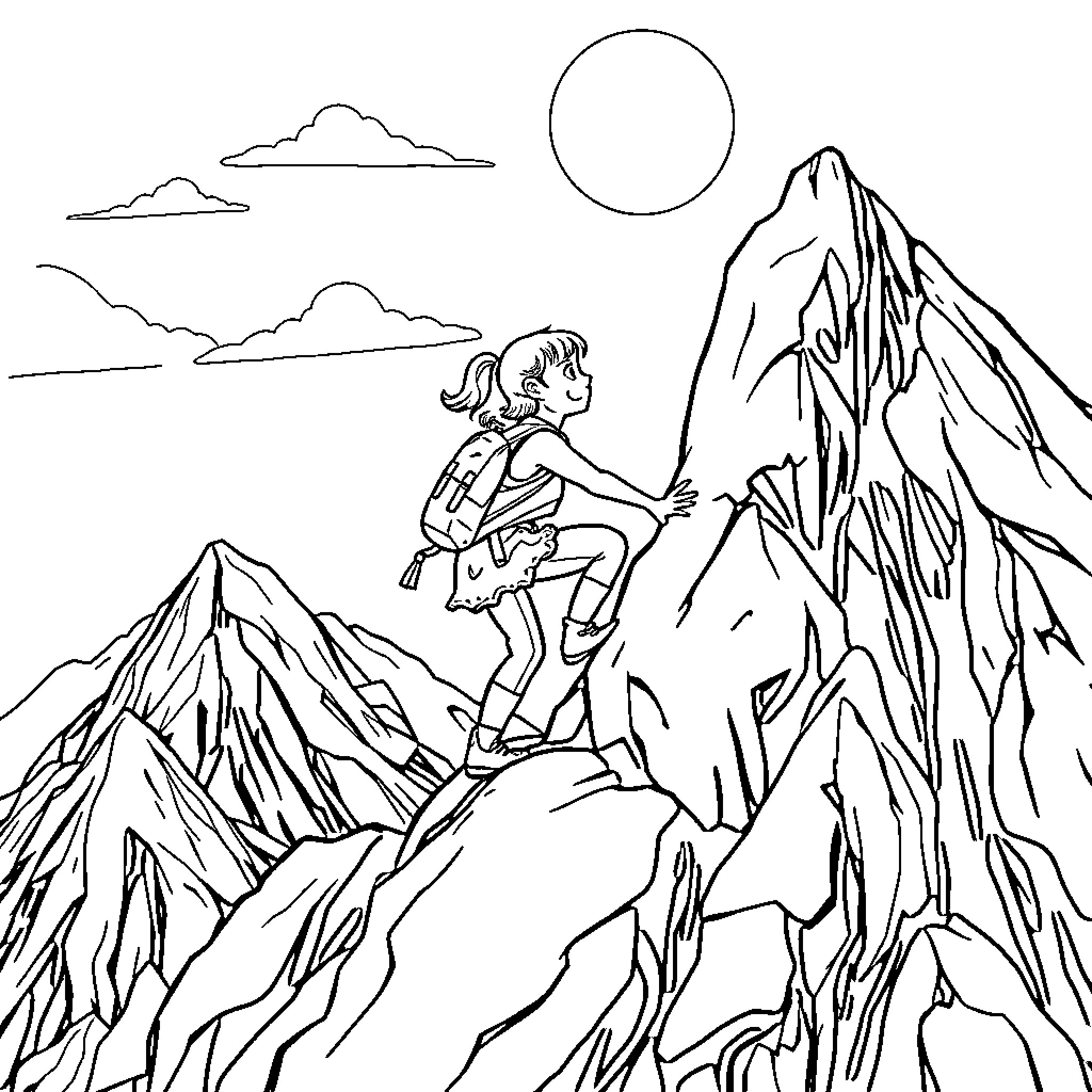 Girl hiking through majestic mountain landscape Coloring Page (free black-and-white line drawing printable PDF for all, from beginners to advanced learners, including children, teens, adults, and seniors)
