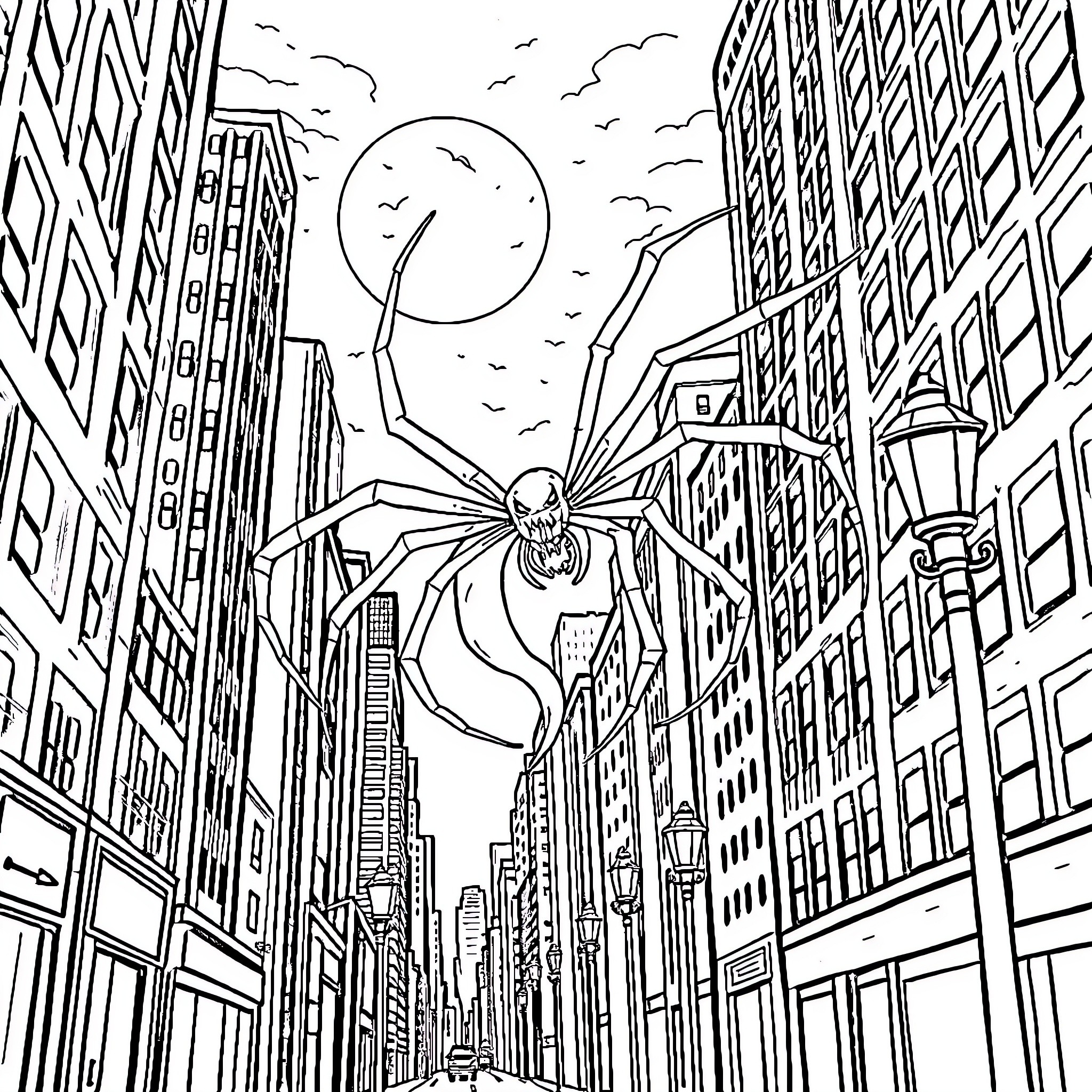 Ghost Spider stalks the city streets Coloring Page (free black-and-white line drawing printable PDF for all, from beginners to advanced learners, including children, teens, adults, and seniors)