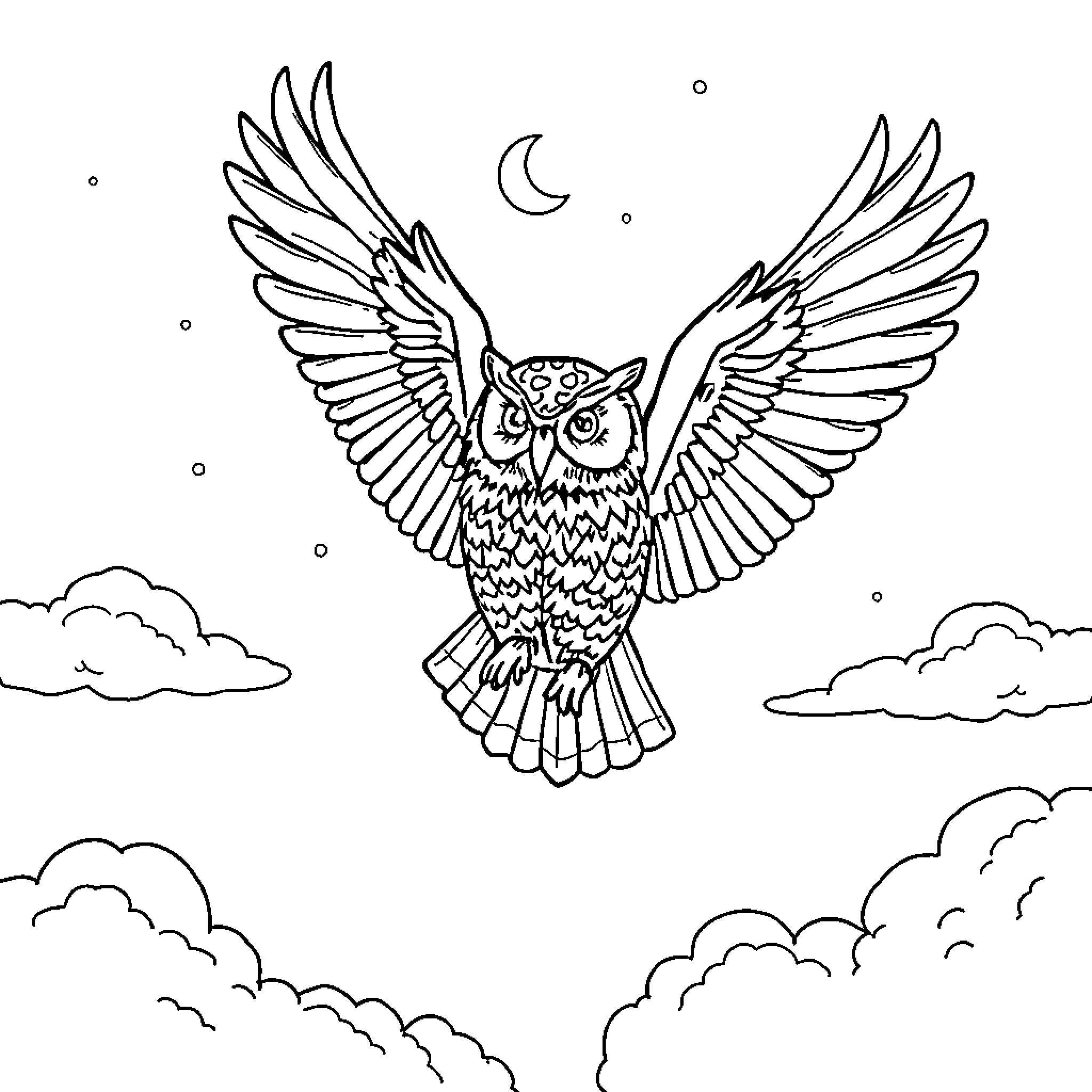 Owl soaring gracefully in the night sky Coloring Page (free black-and-white line drawing printable PDF for all, from beginners to advanced learners, including children, teens, adults, and seniors)