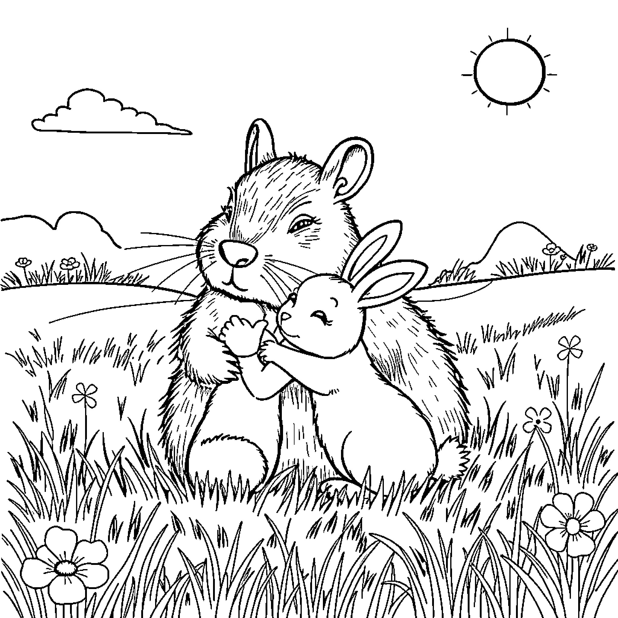 Bunny friends cuddling in the meadow Coloring Page (free black-and-white line drawing printable PDF for all, from beginners to advanced learners, including children, teens, adults, and seniors)