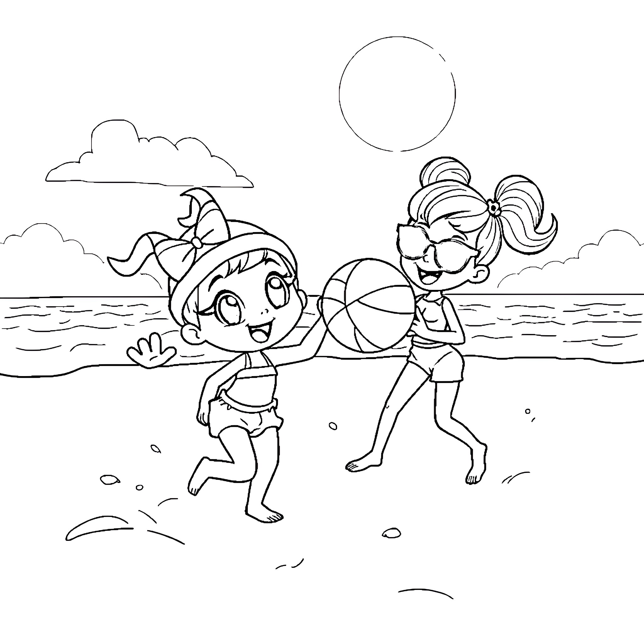 Bluey and friends playing on the beach Coloring Page (free black-and-white line drawing printable PDF for all, from beginners to advanced learners, including children, teens, adults, and seniors)