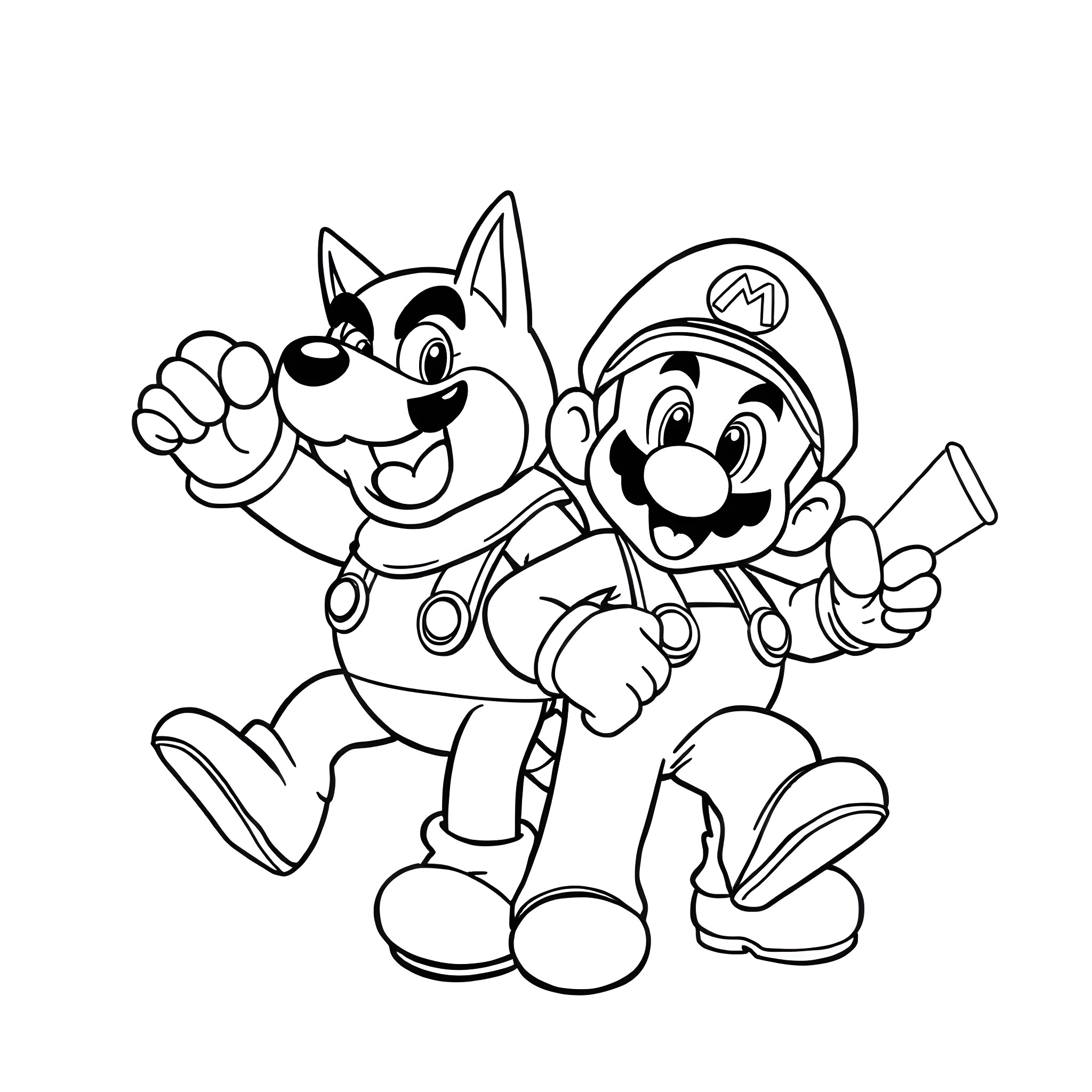 Dog Man and Mario in Adventure Coloring Page (free black-and-white line drawing printable PDF for all, from beginners to advanced learners, including children, teens, adults, and seniors)