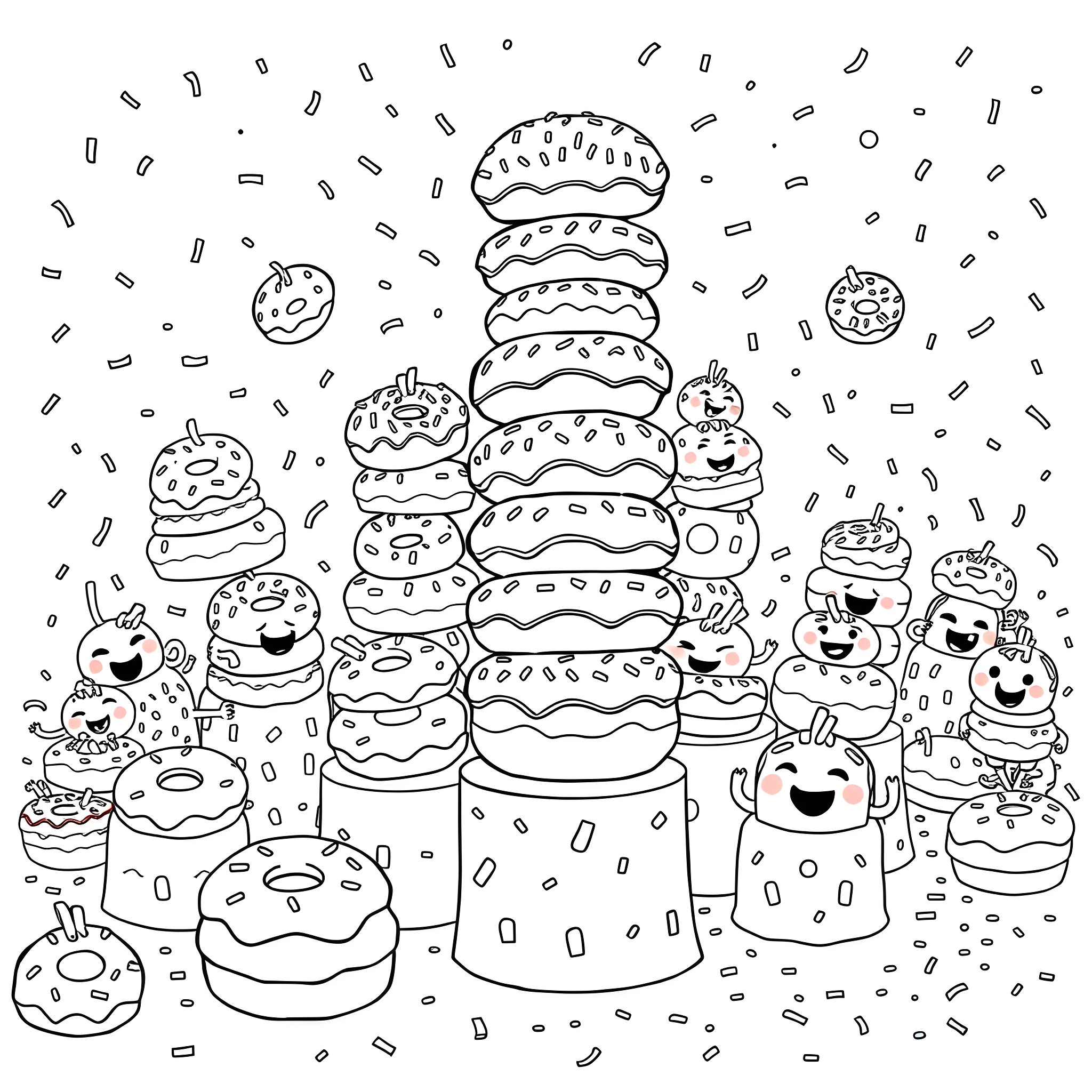 Donut Delight: A Playful Pastry Parade Coloring Page (free black-and-white line drawing printable PDF for all, from beginners to advanced learners, including children, teens, adults, and seniors)