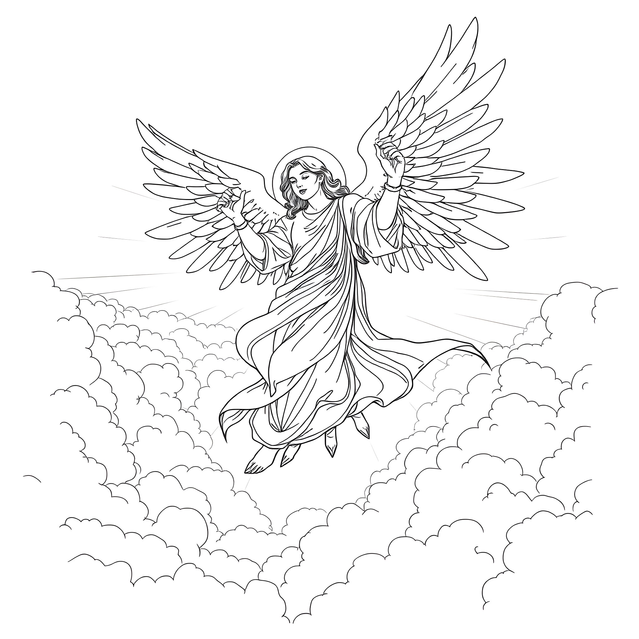 Angel in flight with outstretched wings Coloring Page (free black-and-white line drawing printable PDF for all, from beginners to advanced learners, including children, teens, adults, and seniors)