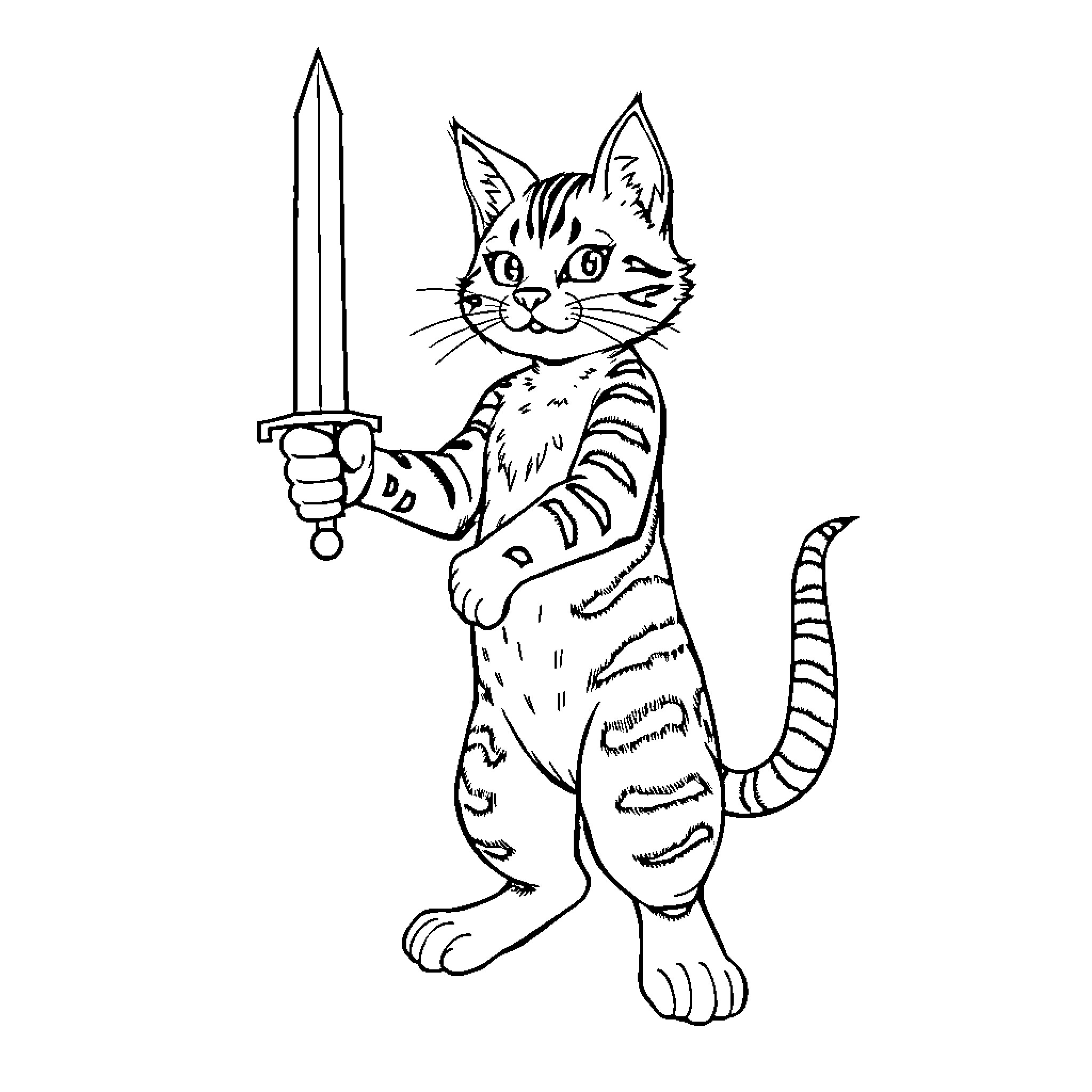 Tabby Cat Wielding a Sword Coloring Page (free black-and-white line drawing printable PDF for all, from beginners to advanced learners, including children, teens, adults, and seniors)