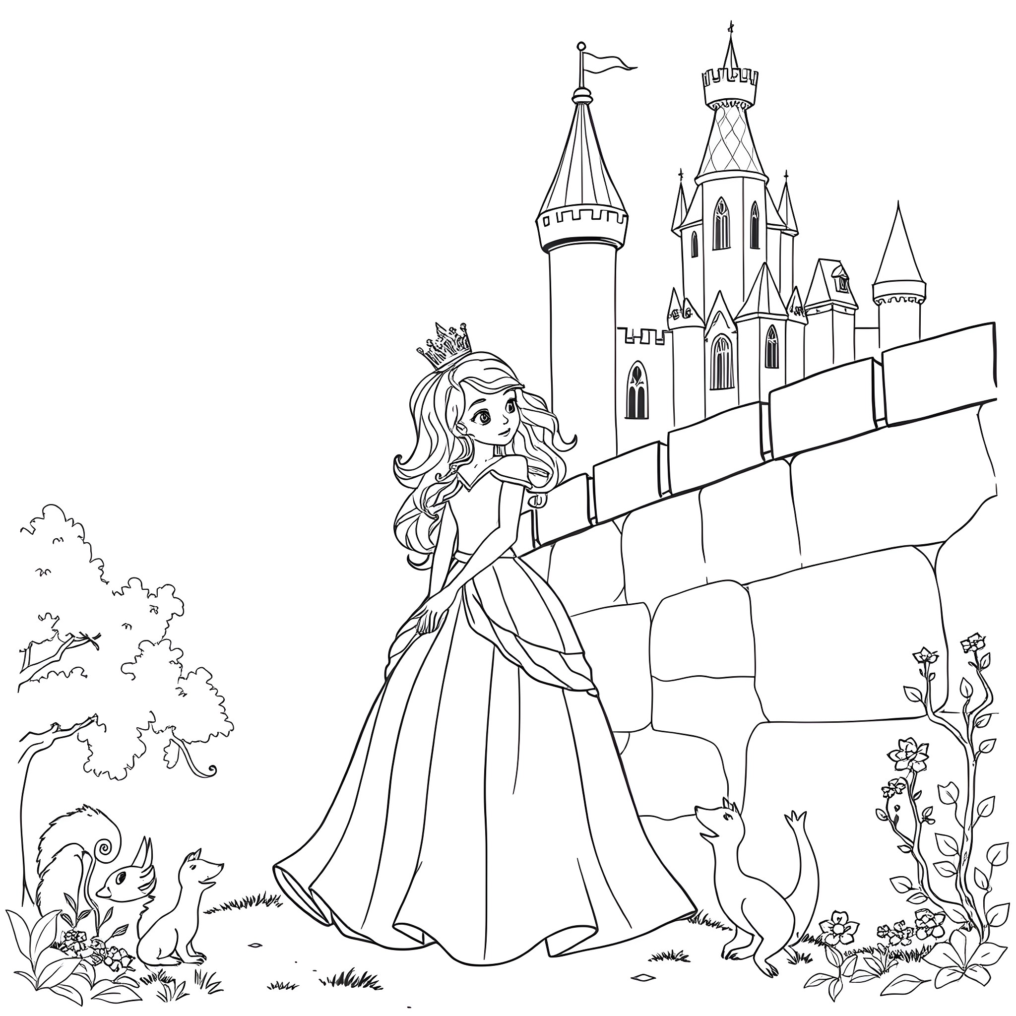 Princess in a Majestic Castle with Woodland Creatures Coloring Page (free black-and-white line drawing printable PDF for all, from beginners to advanced learners, including children, teens, adults, and seniors)
