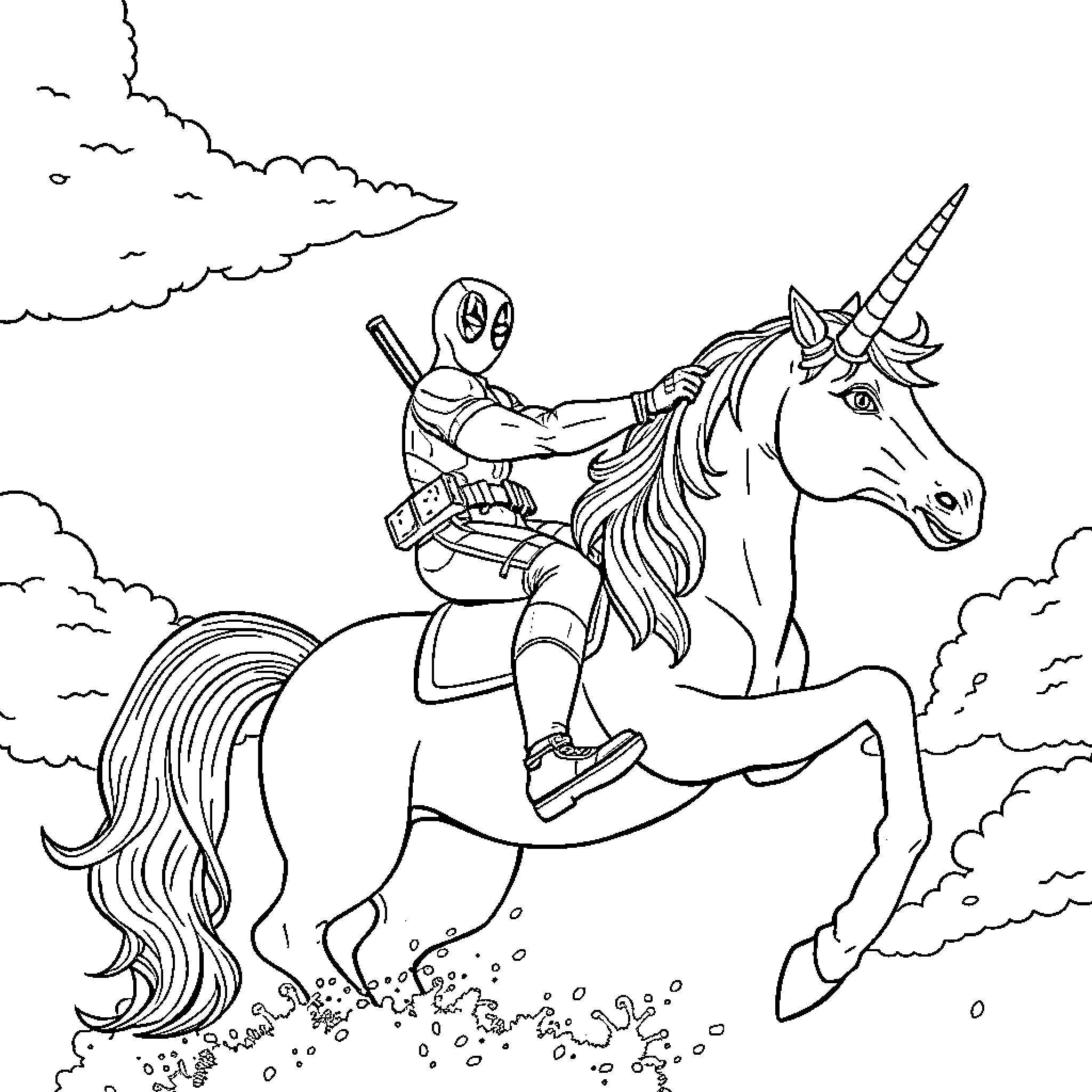 Deadpool riding a magical unicorn Coloring Page (free black-and-white line drawing printable PDF for all, from beginners to advanced learners, including children, teens, adults, and seniors)