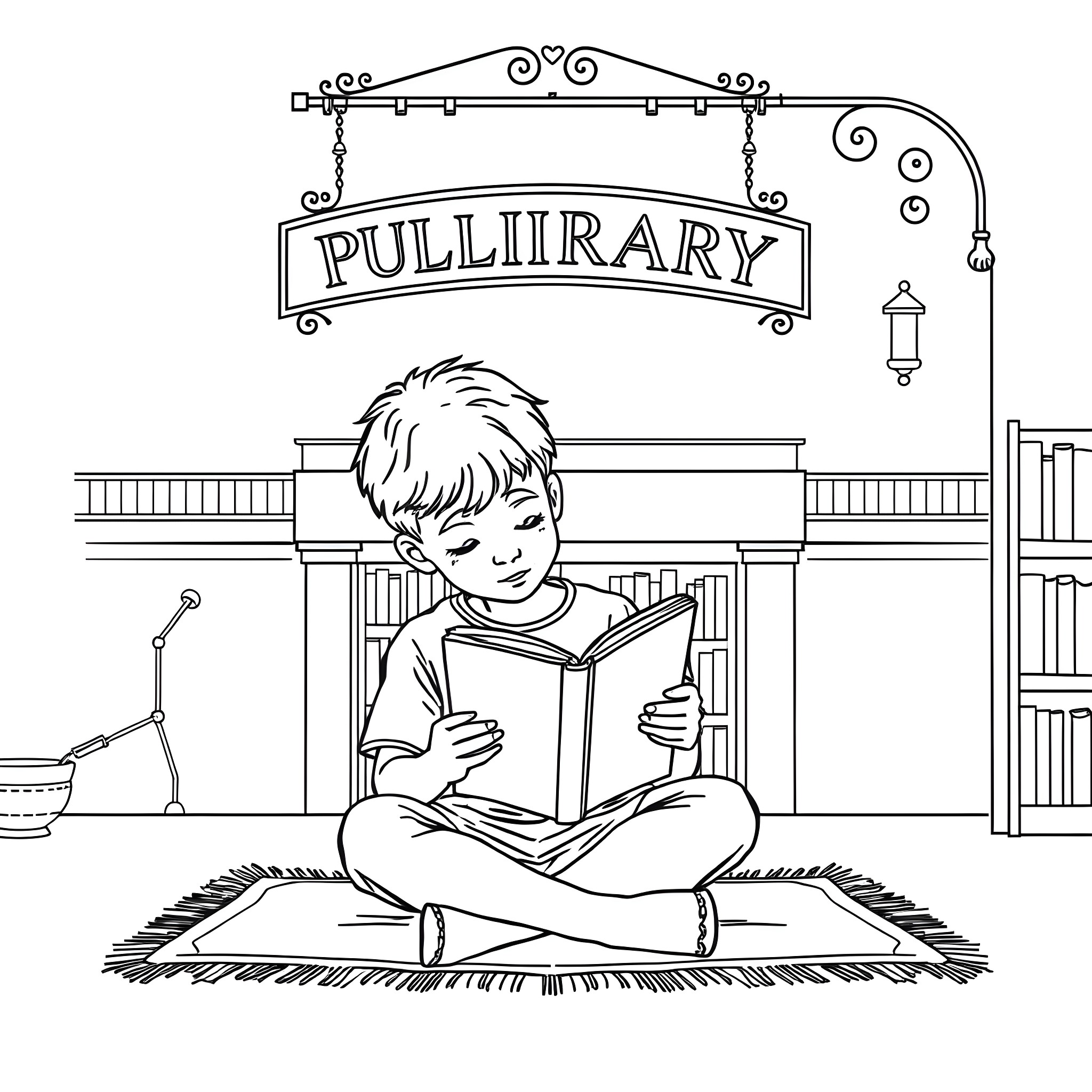 Boy reading a book in the Pulliirary Coloring Page (free black-and-white line drawing printable PDF for all, from beginners to advanced learners, including children, teens, adults, and seniors)