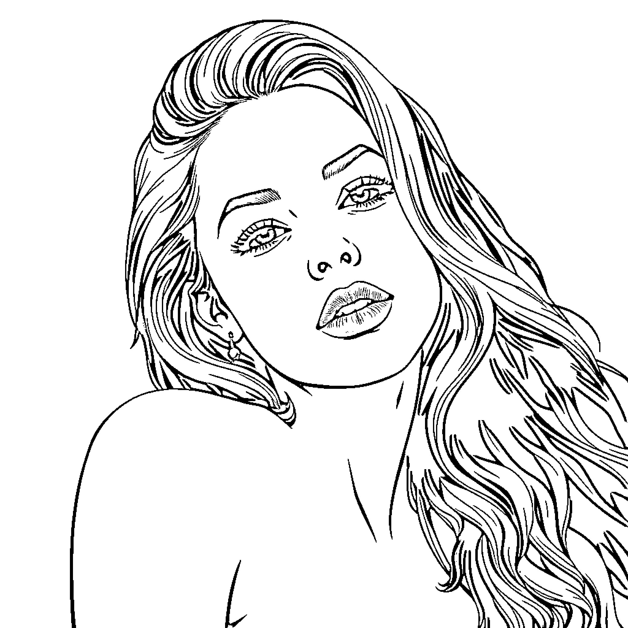 Sydney Sweeney's Dramatic Portrait Coloring Page (free black-and-white line drawing printable PDF for all, from beginners to advanced learners, including children, teens, adults, and seniors)