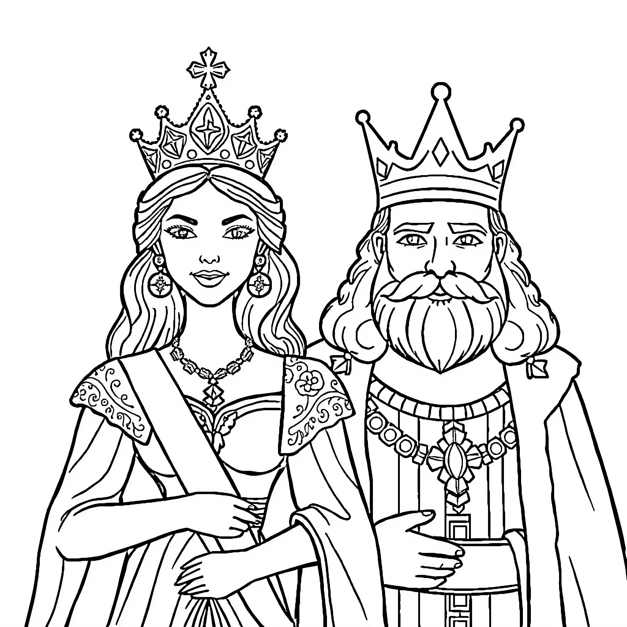 Queen and King in Regal Attire Coloring Page (free black-and-white line drawing printable PDF for all, from beginners to advanced learners, including children, teens, adults, and seniors)