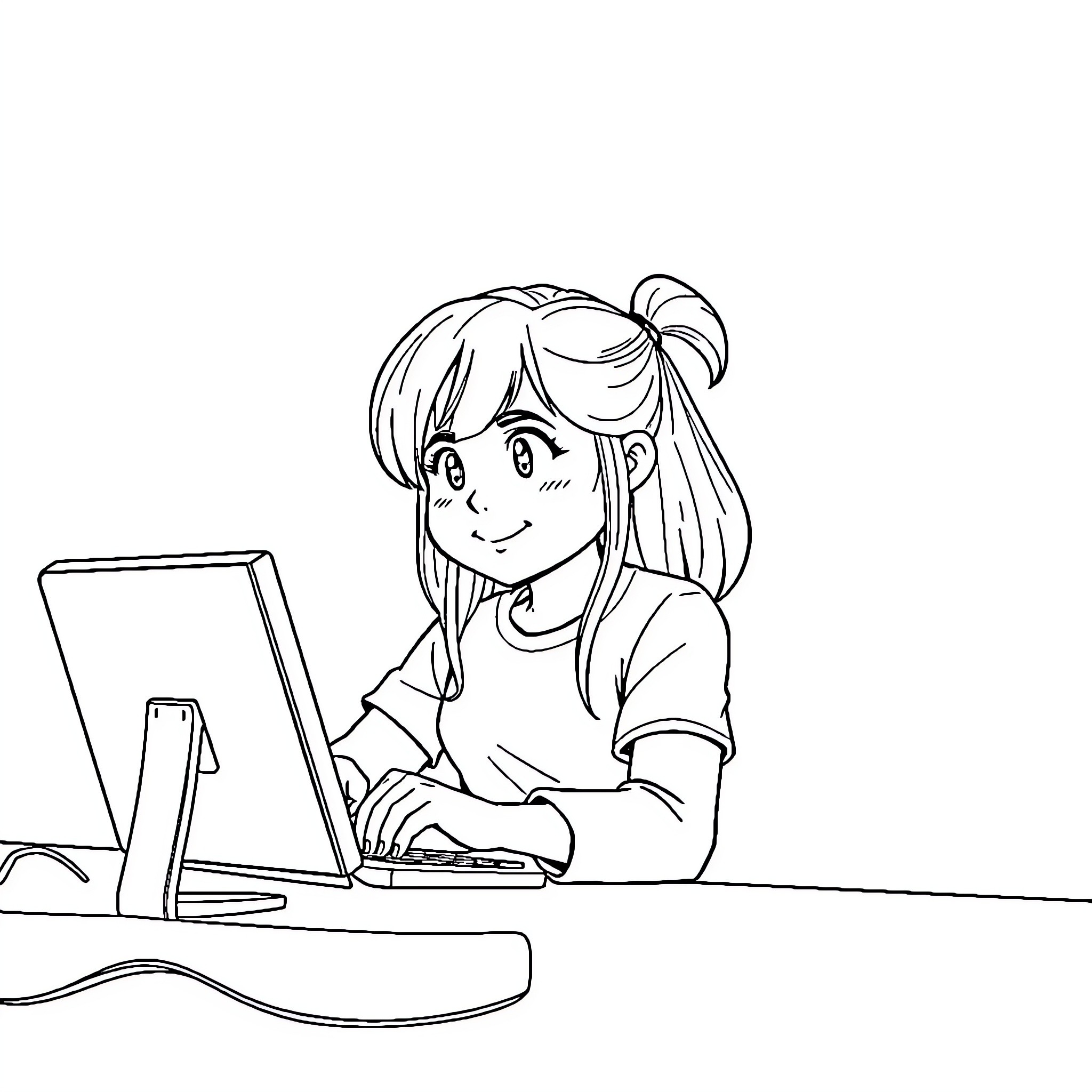 Miss working diligently on computer Coloring Page (free black-and-white line drawing printable PDF for all, from beginners to advanced learners, including children, teens, adults, and seniors)