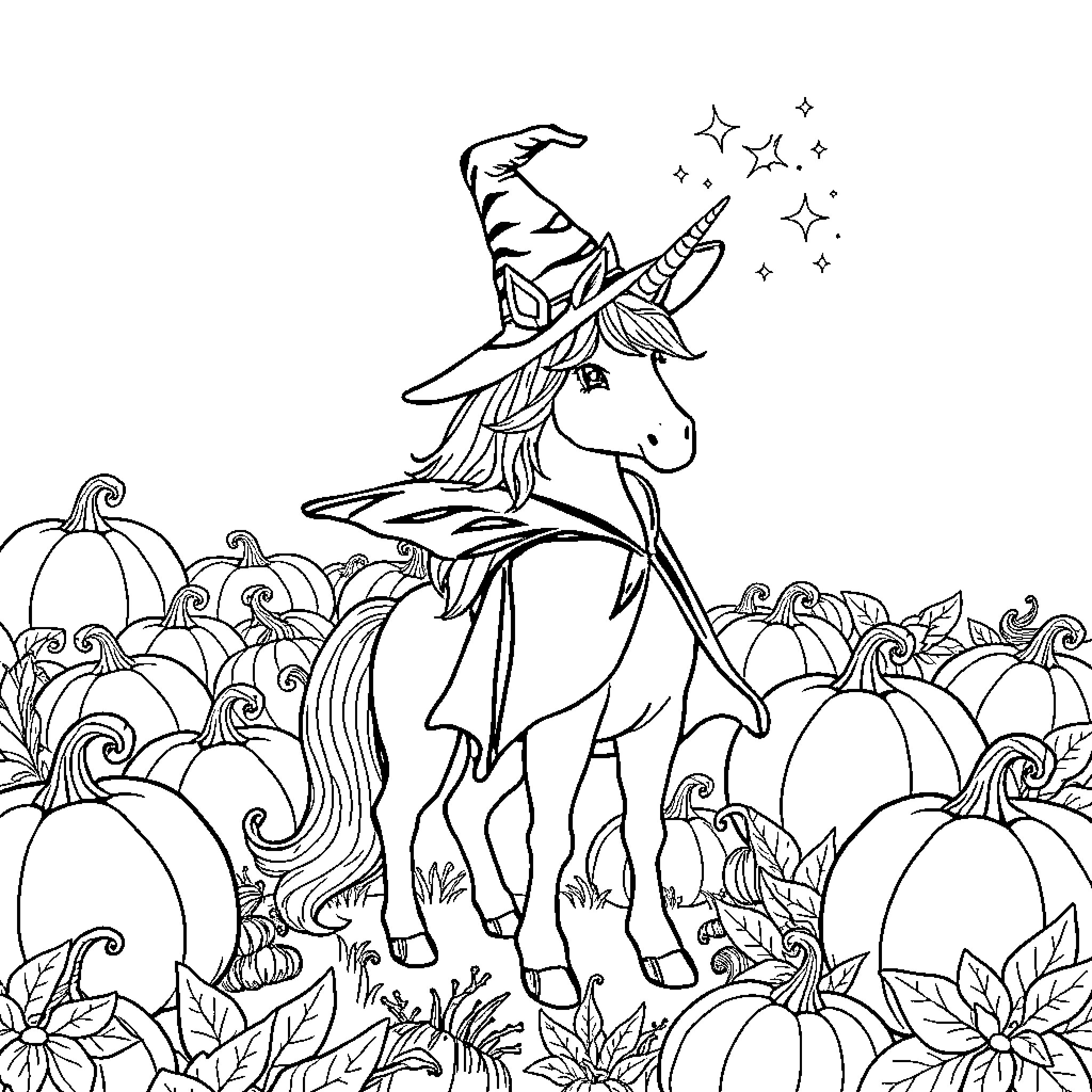Unicorn Witch Riding Through Pumpkin Patch Coloring Page (free black-and-white line drawing printable PDF for all, from beginners to advanced learners, including children, teens, adults, and seniors)