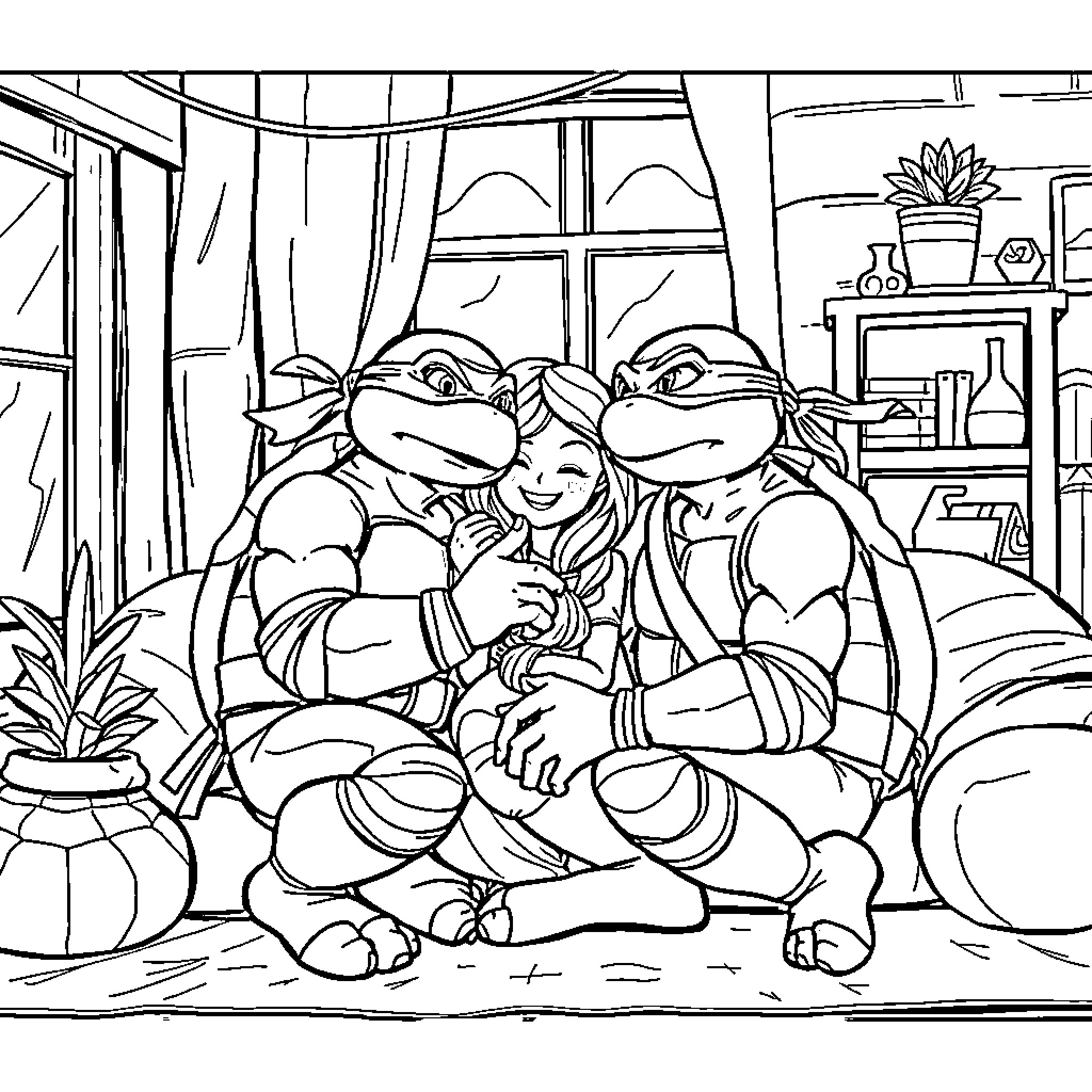 Ninja Turtle friends enjoying a cozy indoor moment Coloring Page (free black-and-white line drawing printable PDF for all, from beginners to advanced learners, including children, teens, adults, and seniors)