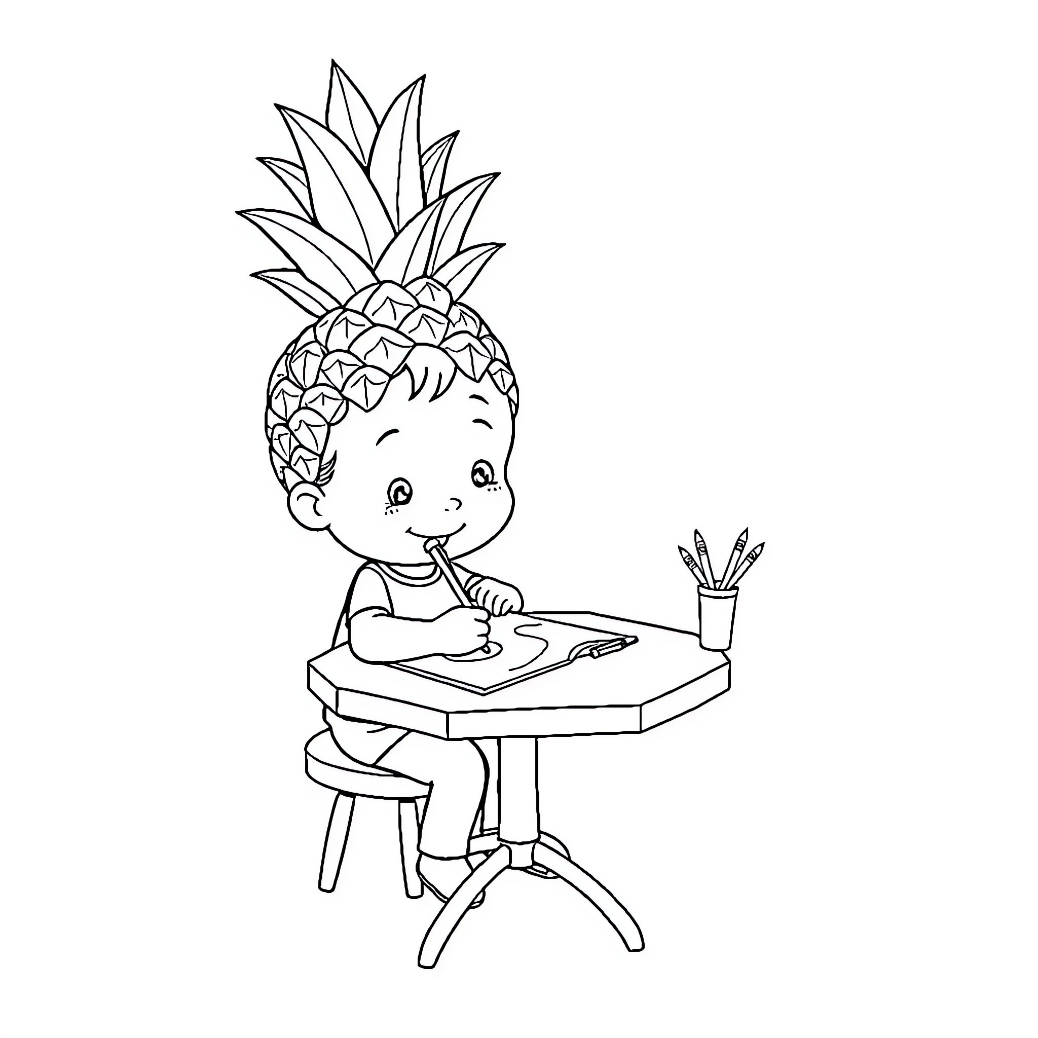 Kid drawing happily at a desk Coloring Page (free black-and-white line drawing printable PDF for all, from beginners to advanced learners, including children, teens, adults, and seniors)