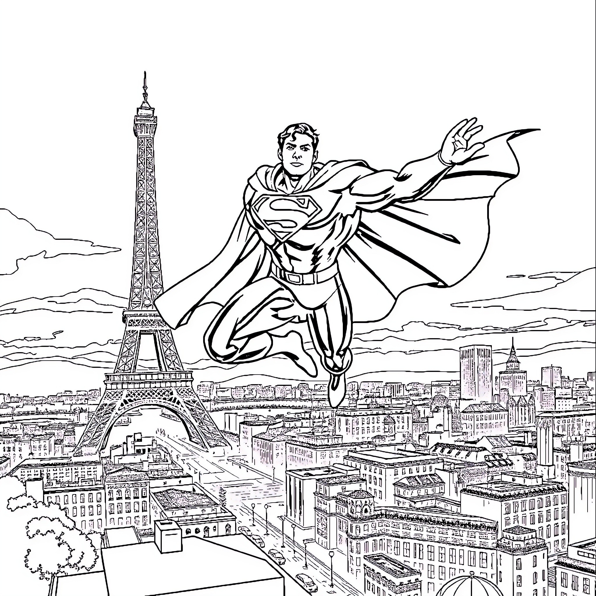 Superman heroically soaring over the cityscape Coloring Page (free black-and-white line drawing printable PDF for all, from beginners to advanced learners, including children, teens, adults, and seniors)