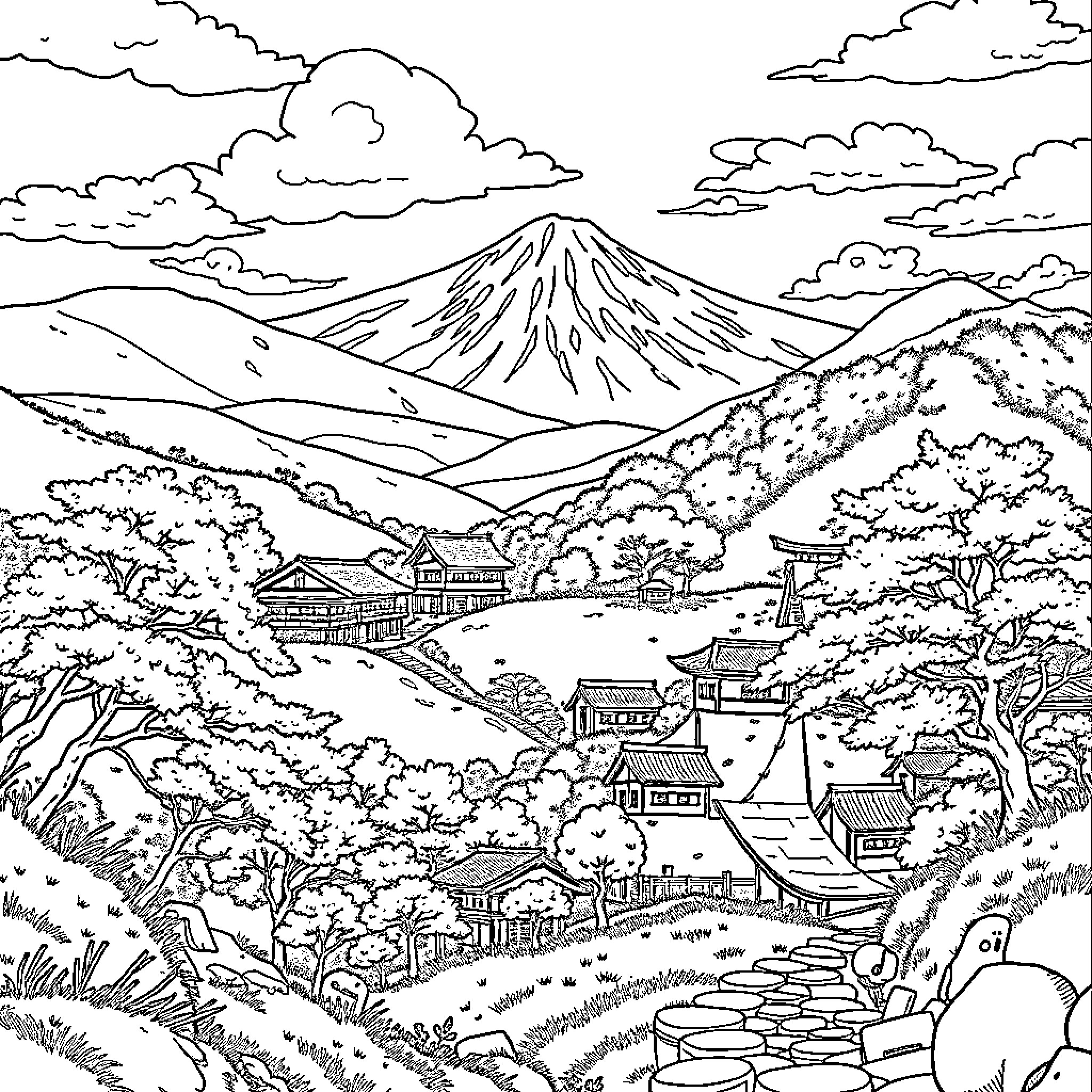 Naruto's Tranquil Landscape Adventure Coloring Page (free black-and-white line drawing printable PDF for all, from beginners to advanced learners, including children, teens, adults, and seniors)