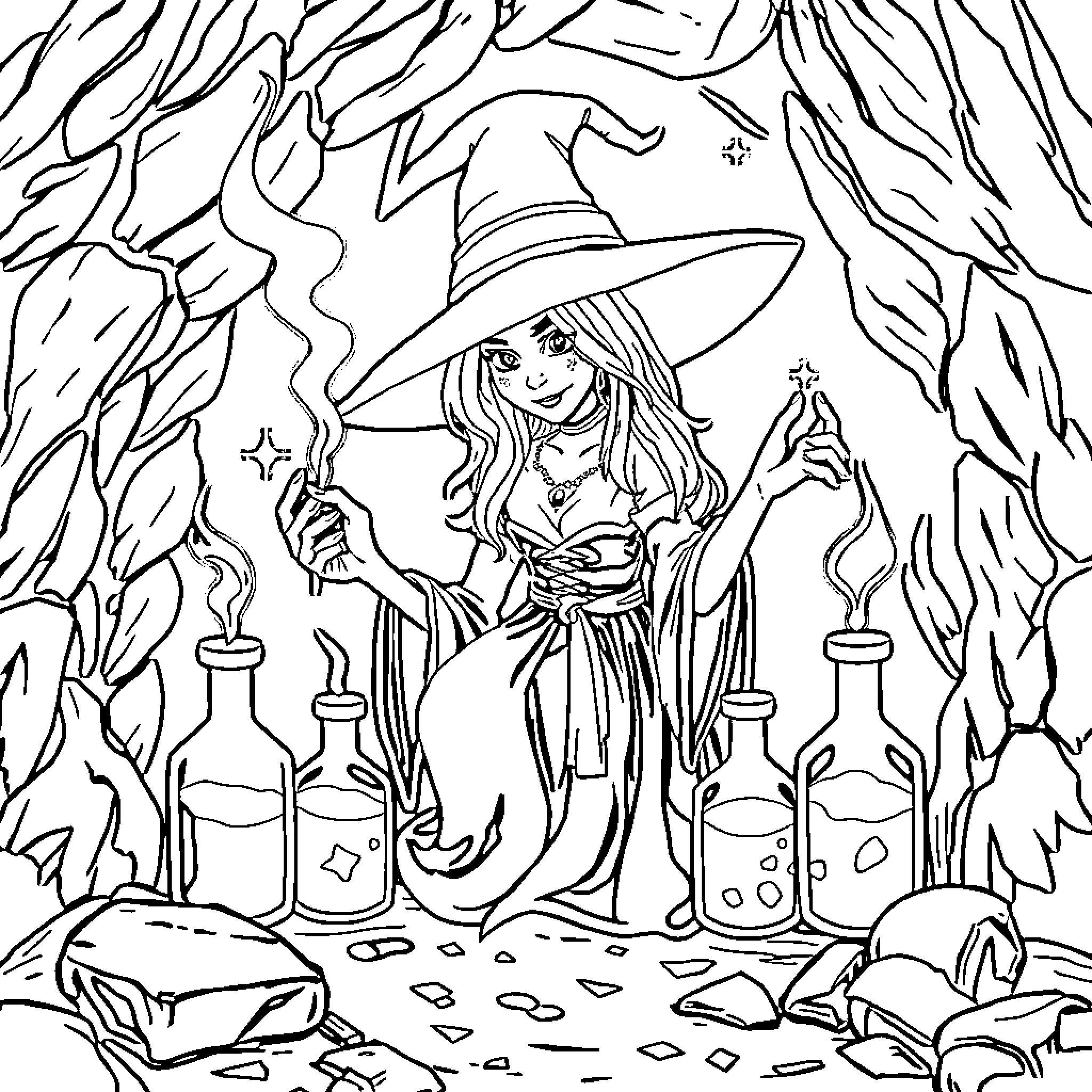 Witch brewing potions in a mystical forest Coloring Page (free black-and-white line drawing printable PDF for all, from beginners to advanced learners, including children, teens, adults, and seniors)