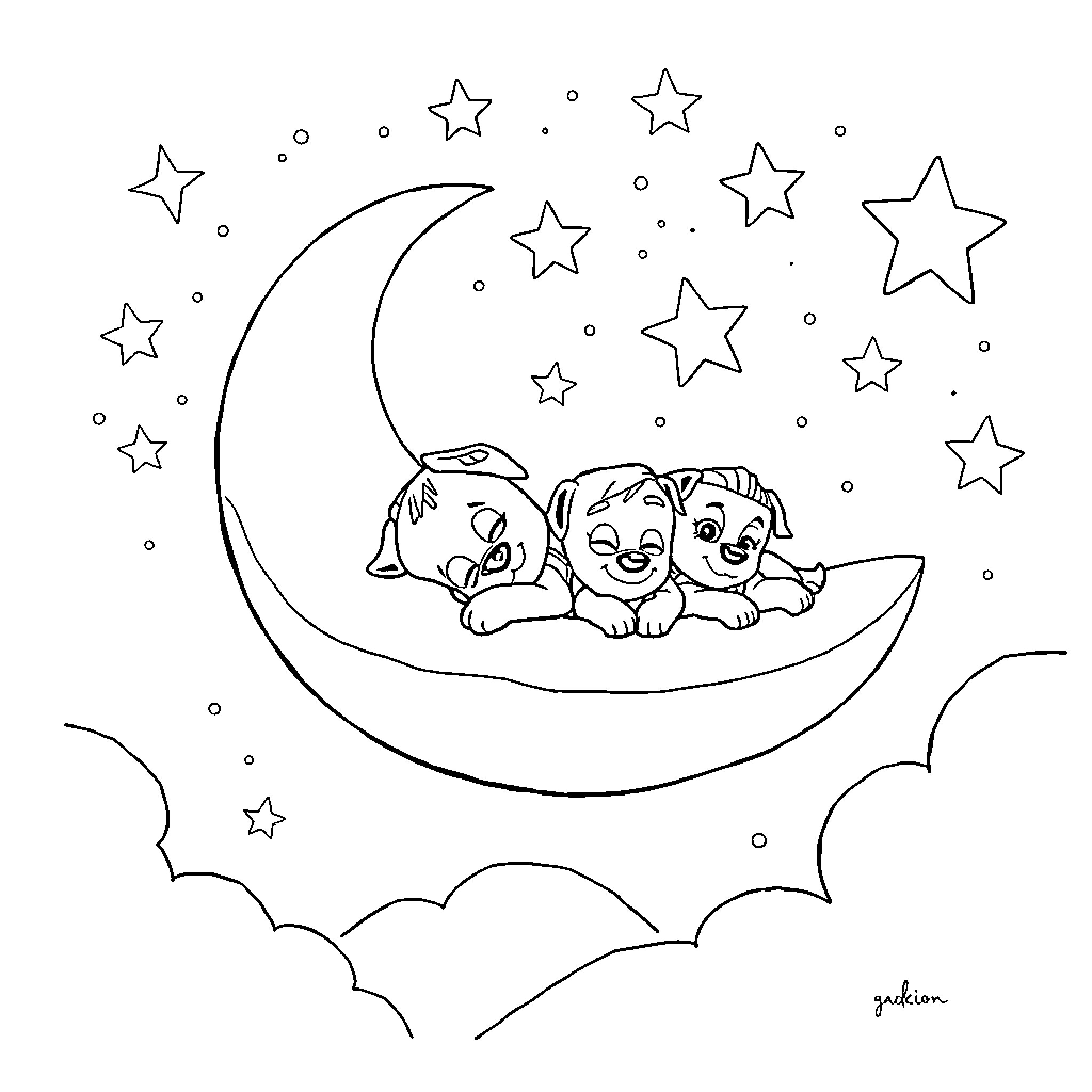 Paw Patrol puppies playing on the moon Coloring Page (free black-and-white line drawing printable PDF for all, from beginners to advanced learners, including children, teens, adults, and seniors)