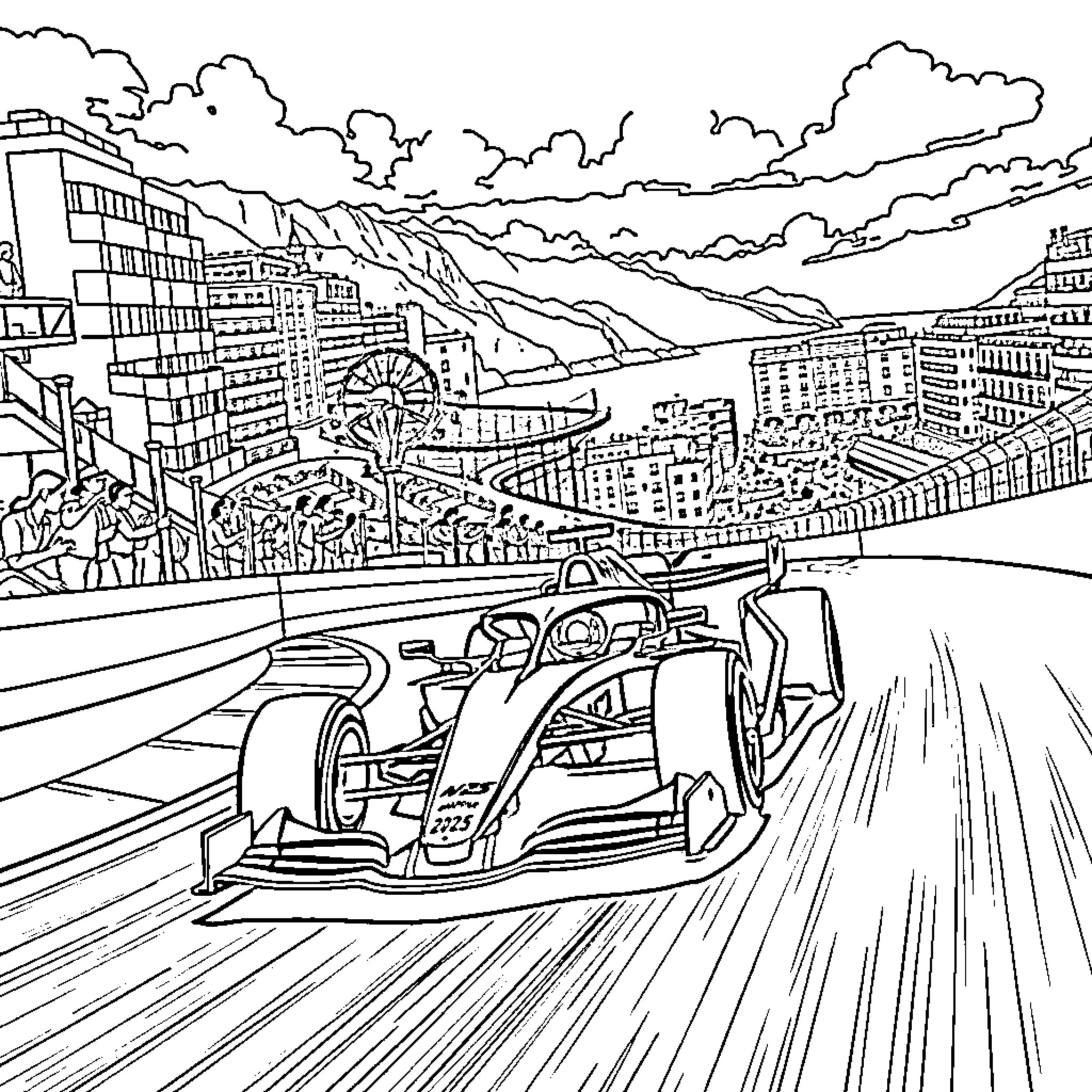 McLaren Formula One Race Car in Urban Cityscape Coloring Page (free black-and-white line drawing printable PDF for all, from beginners to advanced learners, including children, teens, adults, and seniors)