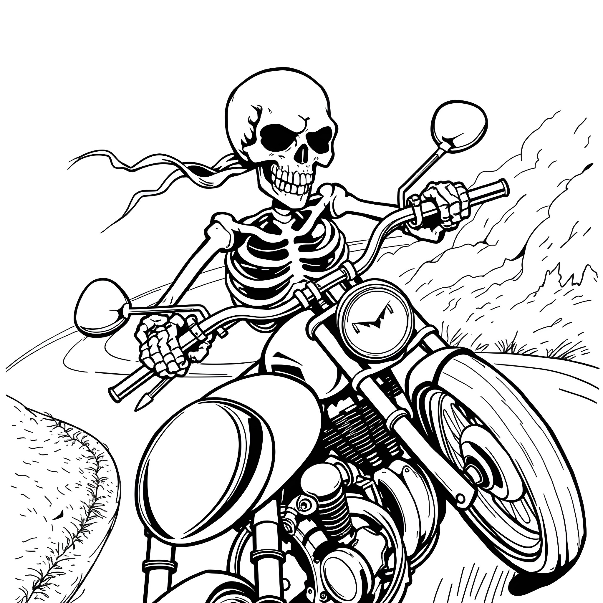 Skeleton riding motorcycle through the wilderness Coloring Page (free black-and-white line drawing printable PDF for all, from beginners to advanced learners, including children, teens, adults, and seniors)