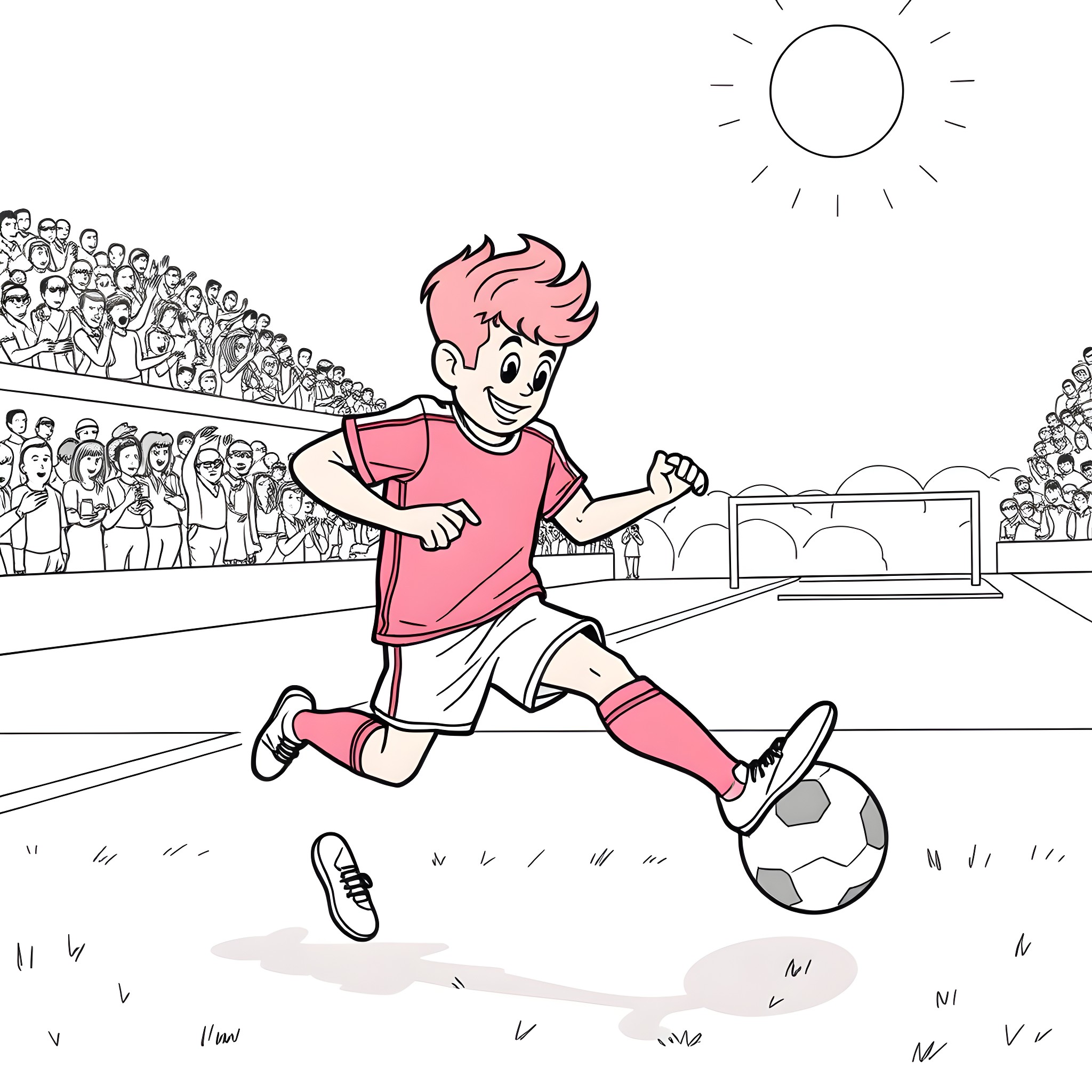 Harry Hemoglobin playing soccer in the stadium Coloring Page (free black-and-white line drawing printable PDF for all, from beginners to advanced learners, including children, teens, adults, and seniors)