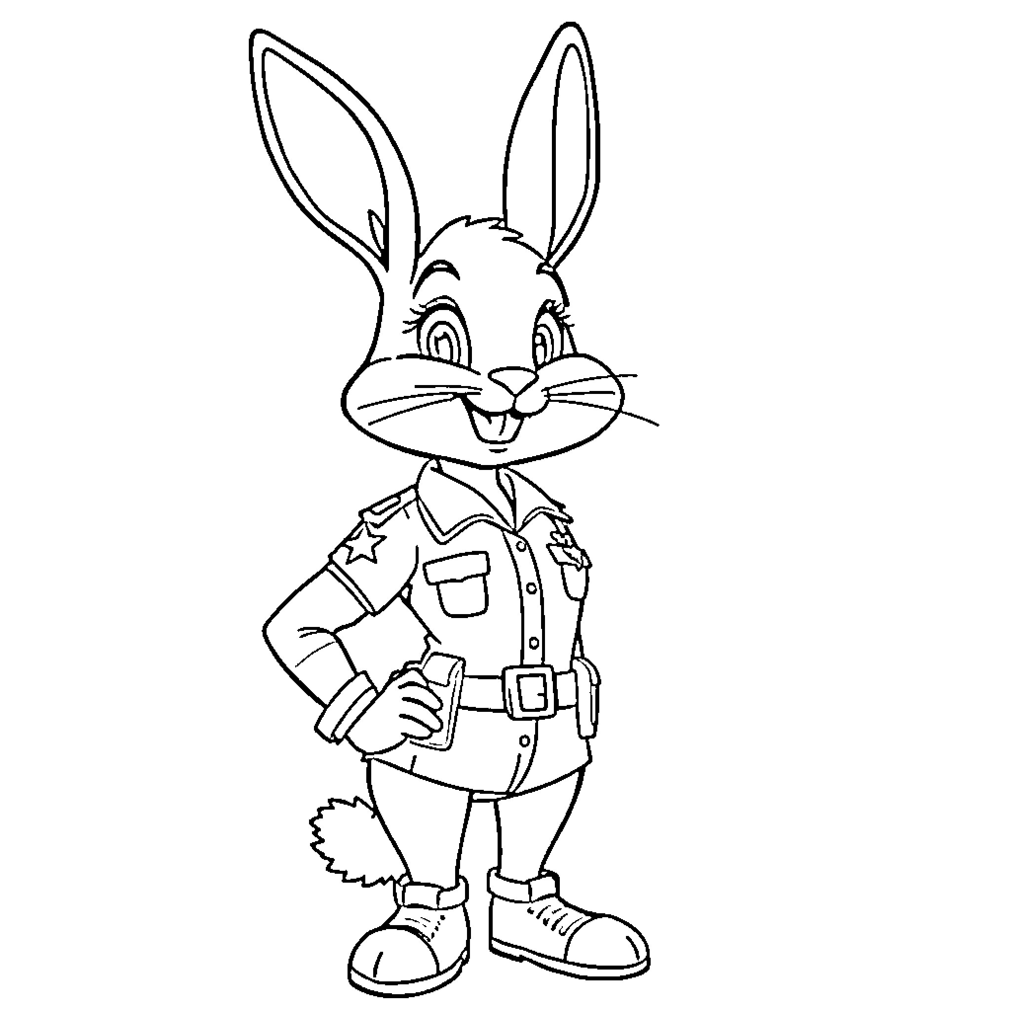 Judy Hopps the Cartoon Rabbit in Police Uniform Coloring Page (free black-and-white line drawing printable PDF for all, from beginners to advanced learners, including children, teens, adults, and seniors)