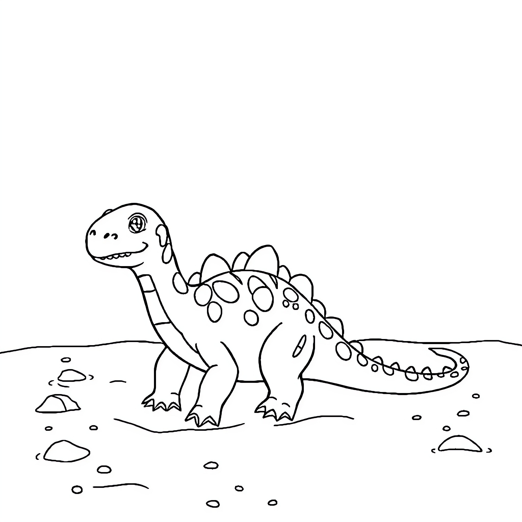 Dinosaur walking in a rocky landscape Coloring Page (free black-and-white line drawing printable PDF for all, from beginners to advanced learners, including children, teens, adults, and seniors)