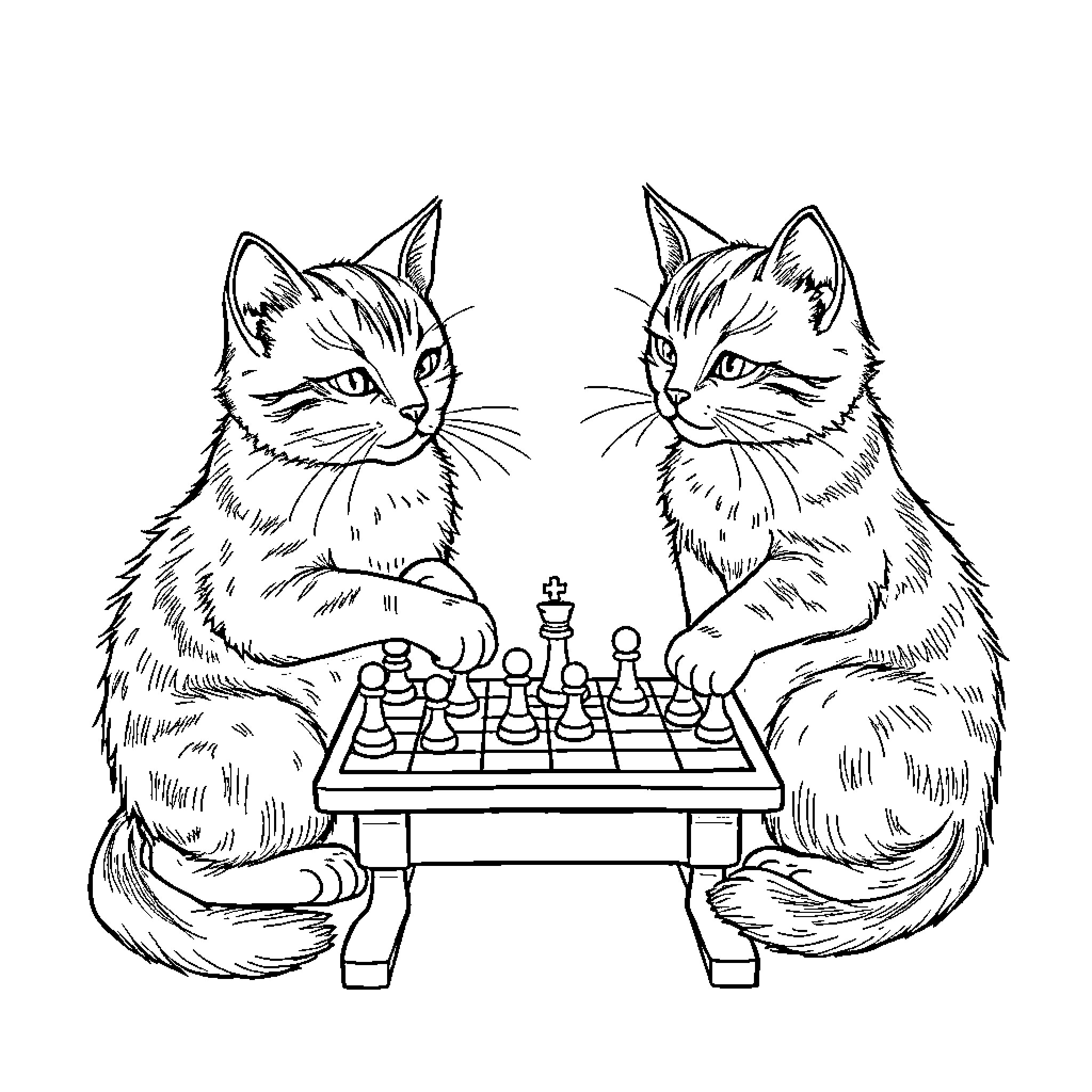 Cats playing a game of chess Coloring Page (free black-and-white line drawing printable PDF for all, from beginners to advanced learners, including children, teens, adults, and seniors)