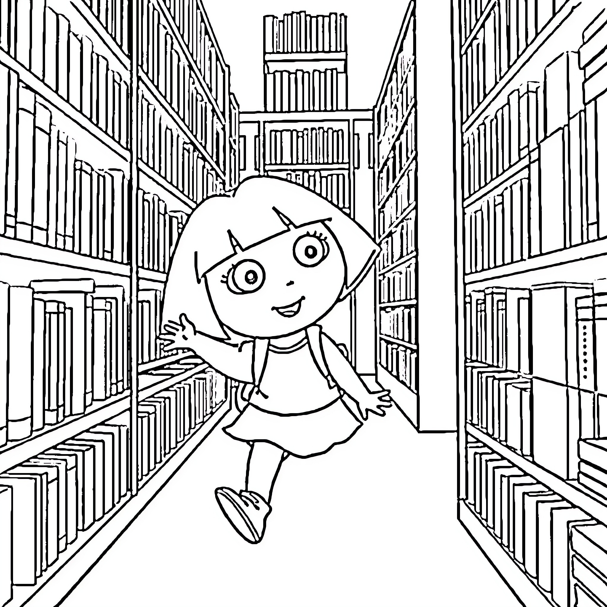 Dora exploring the library bookshelves Coloring Page (free black-and-white line drawing printable PDF for all, from beginners to advanced learners, including children, teens, adults, and seniors)