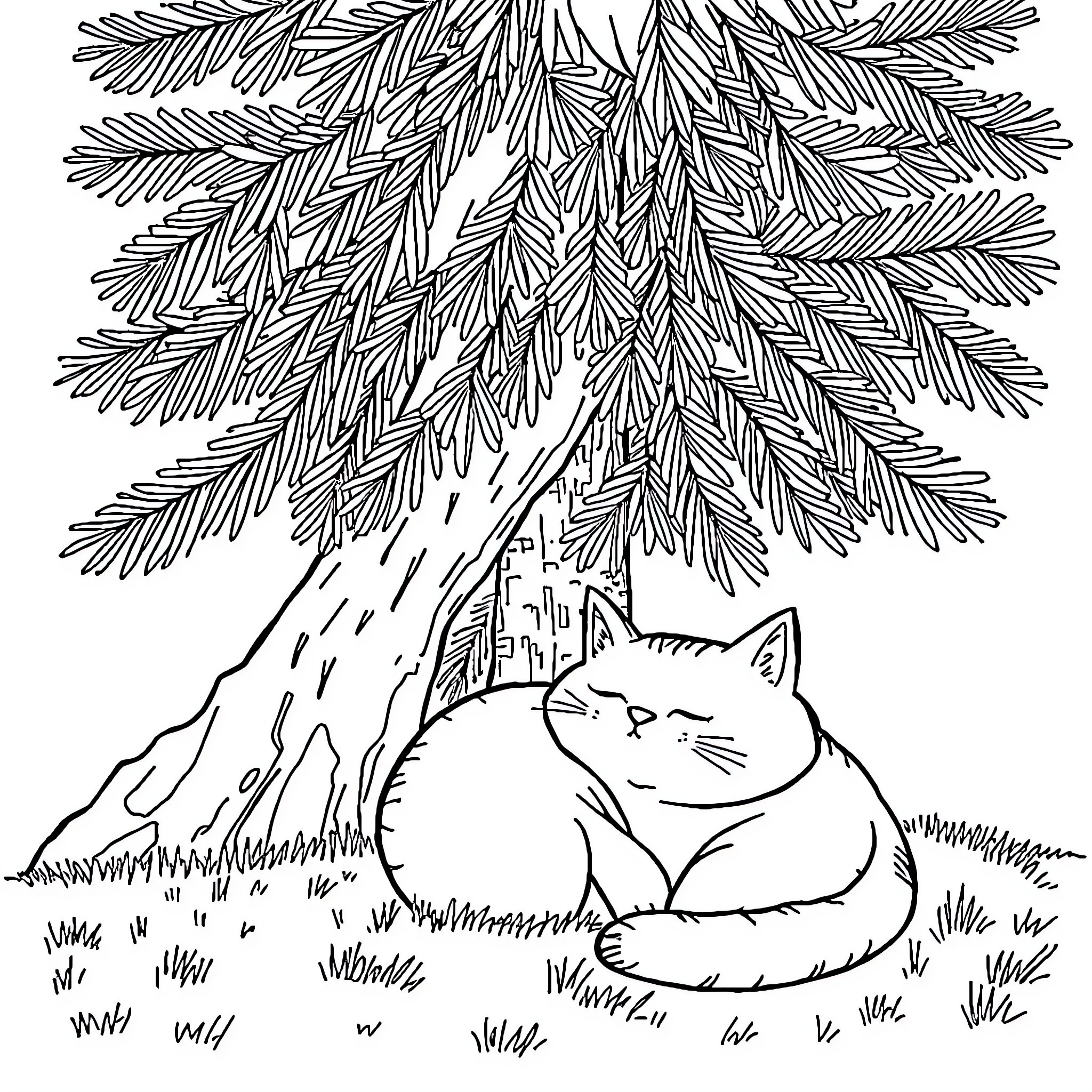 Cat resting peacefully under pine tree Coloring Page (free black-and-white line drawing printable PDF for all, from beginners to advanced learners, including children, teens, adults, and seniors)