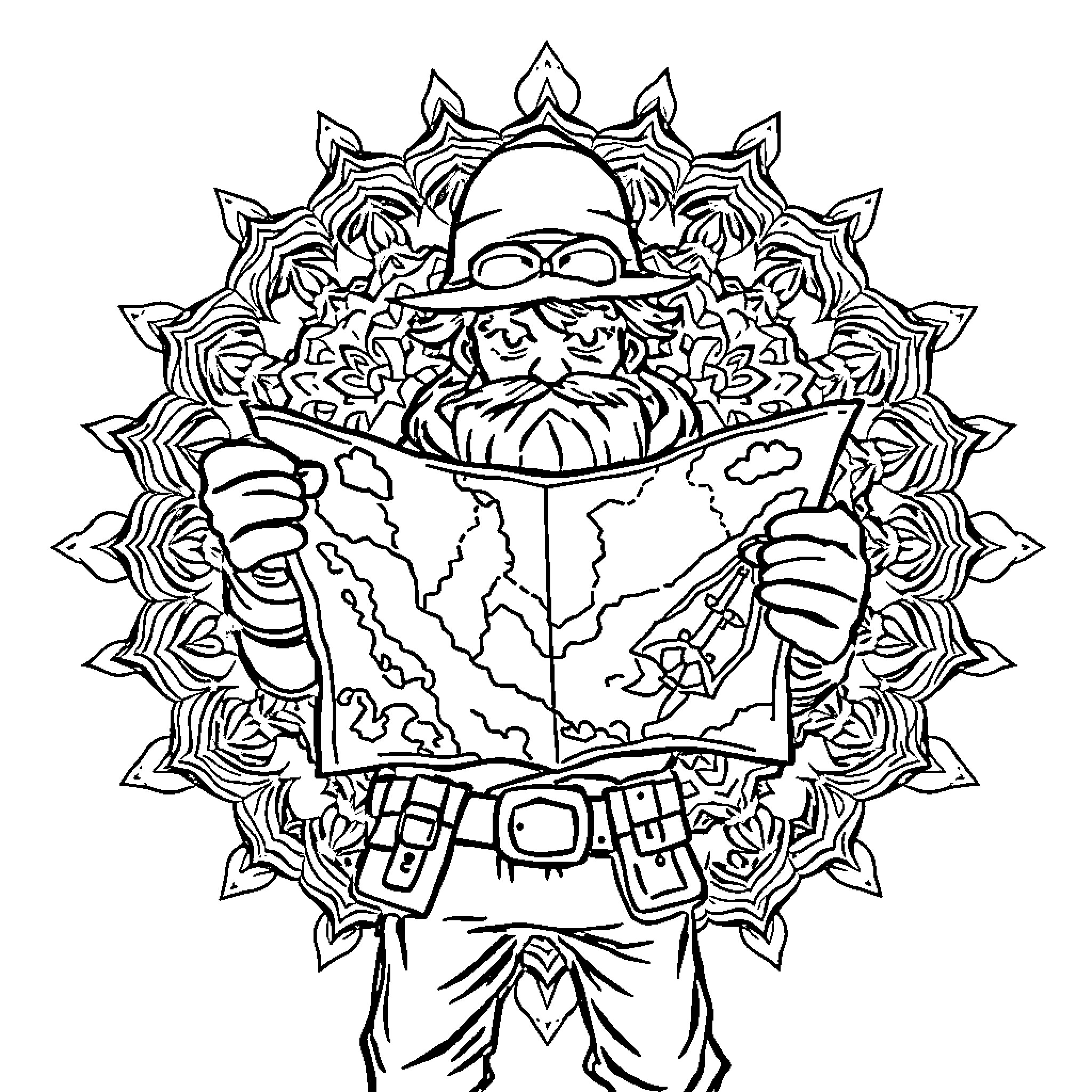 Adventurer exploring the world with a magical compass Coloring Page (free black-and-white line drawing printable PDF for all, from beginners to advanced learners, including children, teens, adults, and seniors)