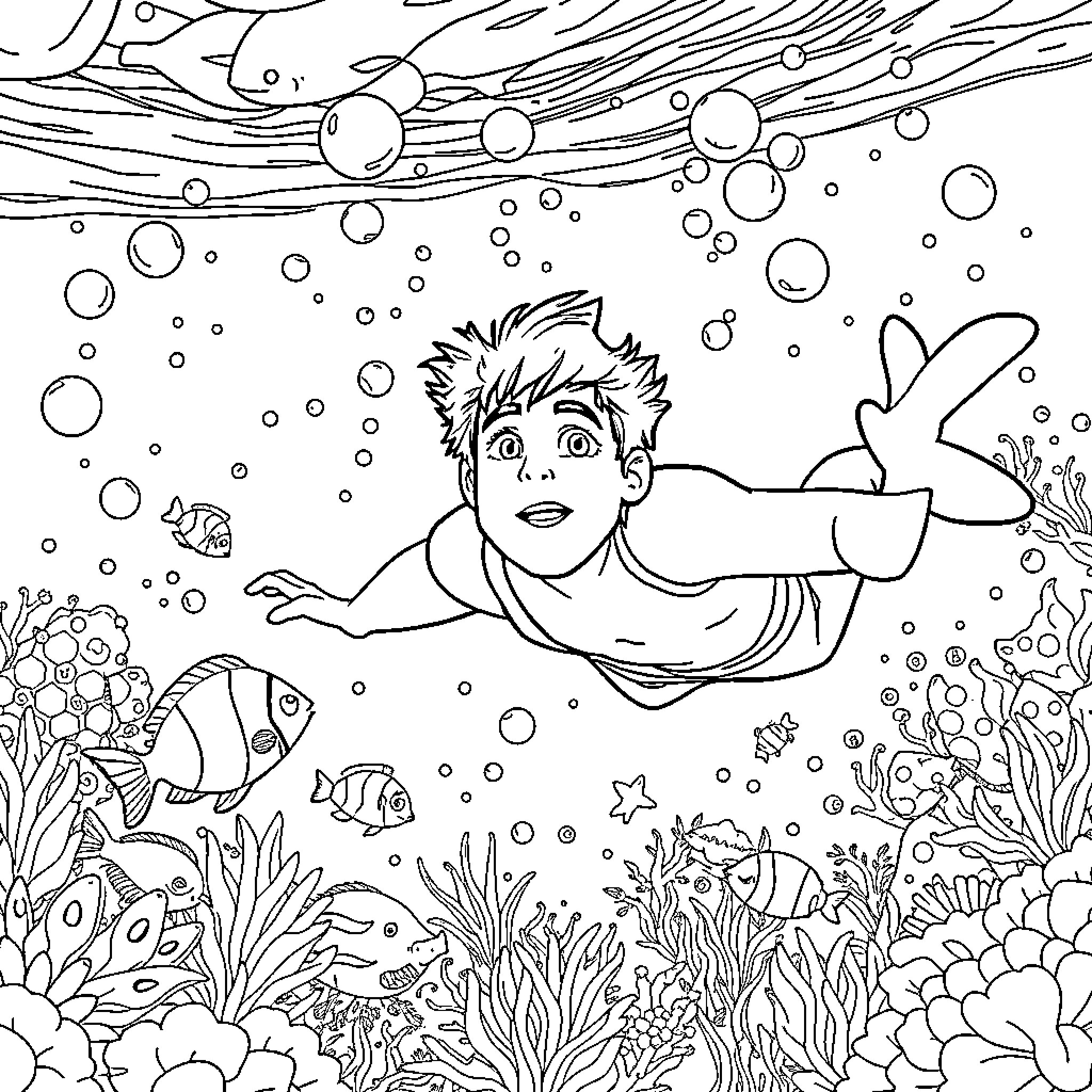 Percy Jackson's Underwater Adventure with Sea Creatures Coloring Page (free black-and-white line drawing printable PDF for all, from beginners to advanced learners, including children, teens, adults, and seniors)